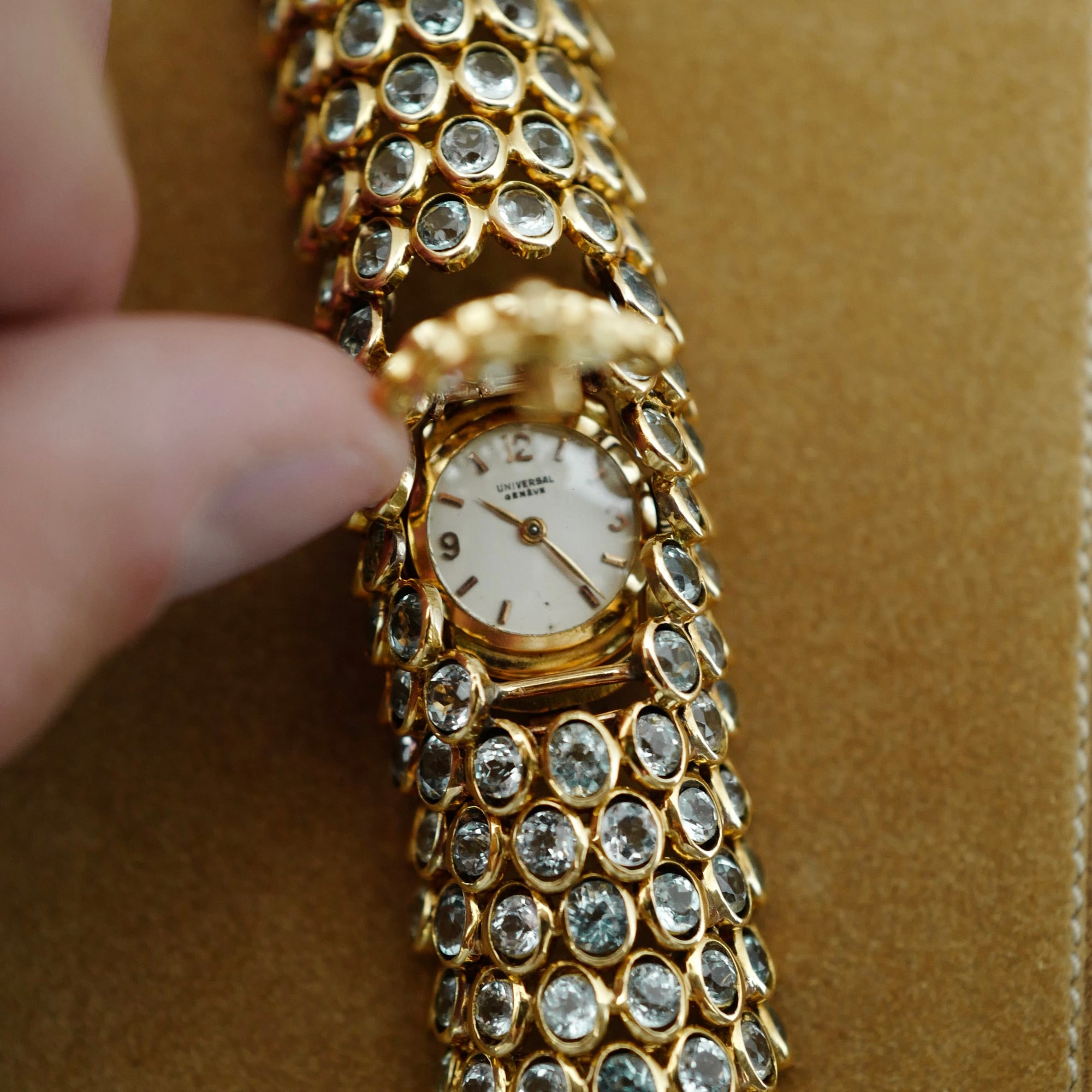 Rene Boivin Yellow Gold Aquamarine Bracelet Watch by Juliette Moutard, Circa 1950