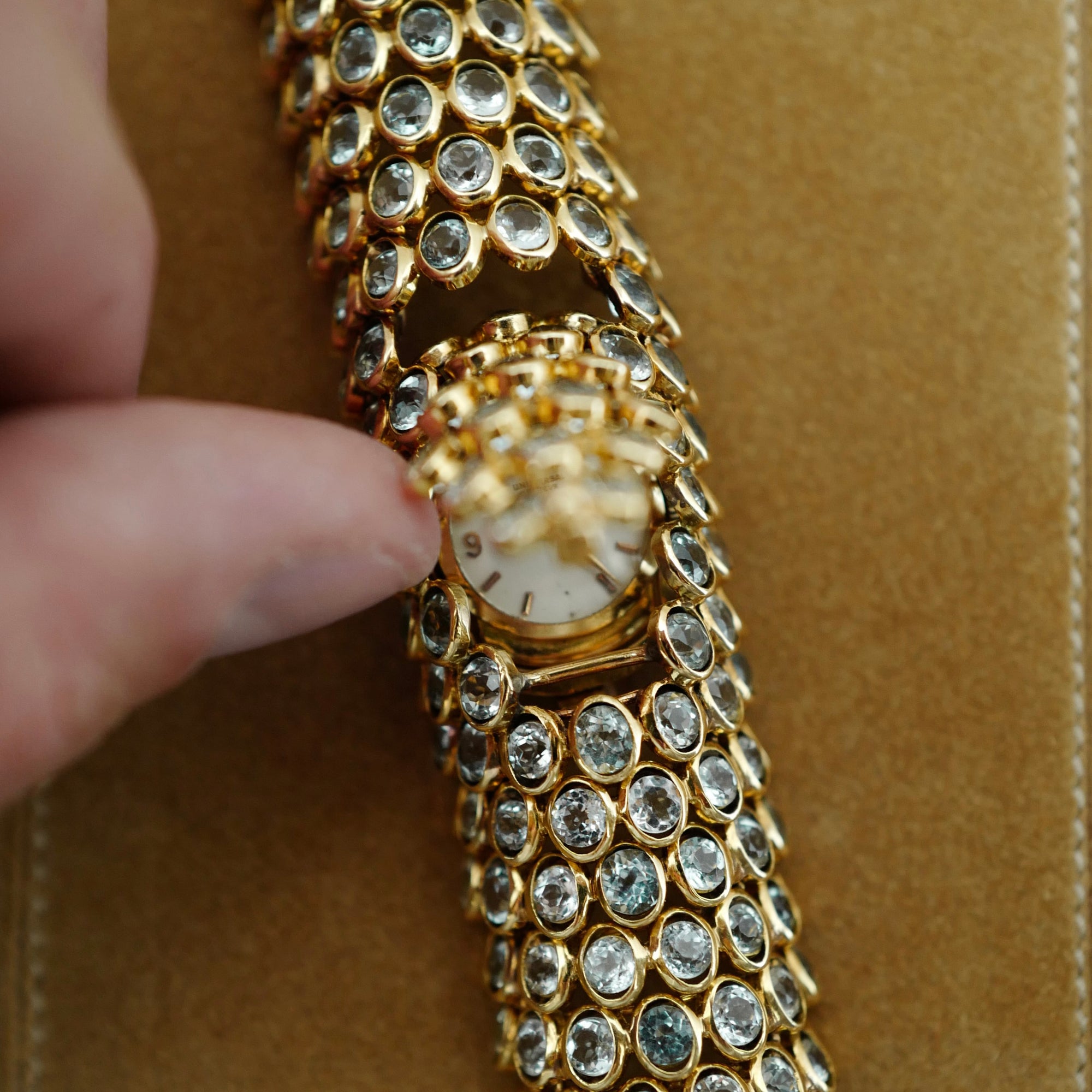 Rene Boivin Yellow Gold Aquamarine Bracelet Watch by Juliette Moutard, Circa 1950