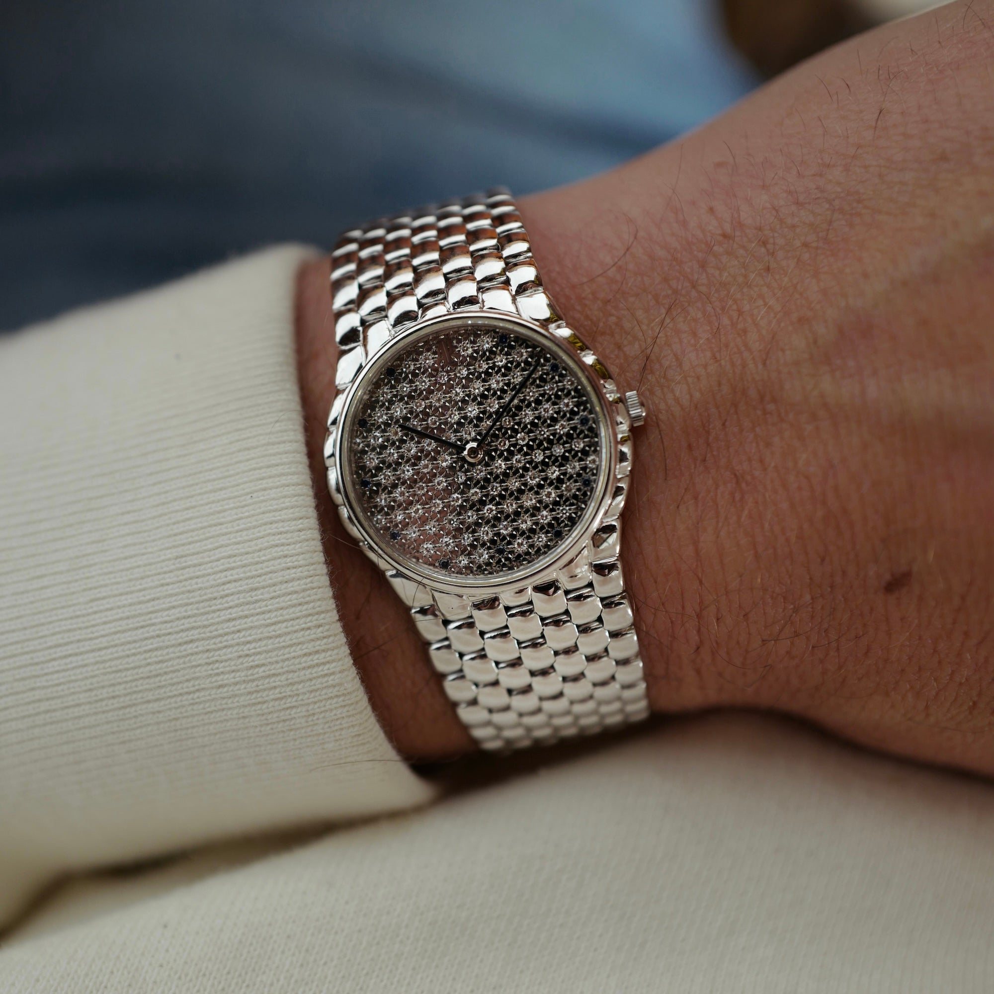 Audemars Piguet - Audemars Piguet White Gold Round Watch with Beaded Bracelet and Pave Diamond and Sapphire Dial (New Arrival) - The Keystone Watches