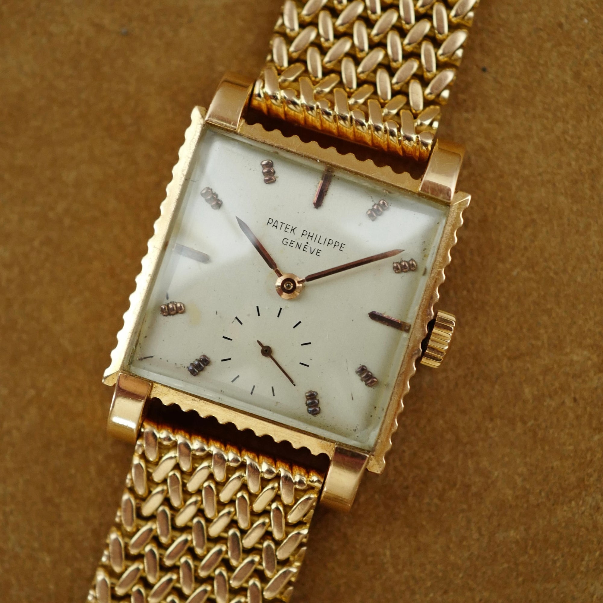 Patek Philippe Rose Gold Square Watch Ref. 2472 with Ribbed Fluted Case and Bracelet