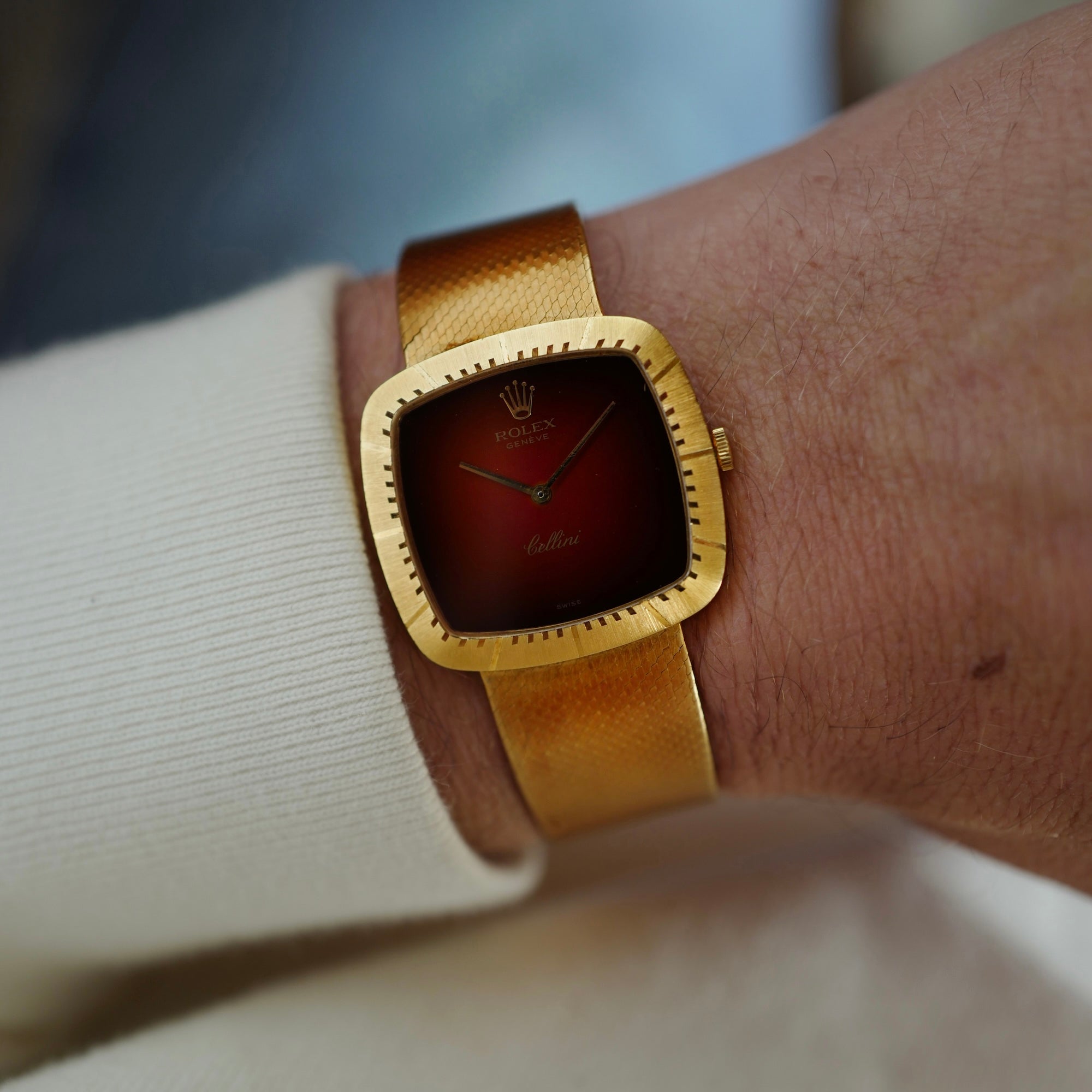 Rolex - Rolex Yellow Gold Cellini Bracelet Watch Ref. 4320 with Red Vignette Dial - The Keystone Watches