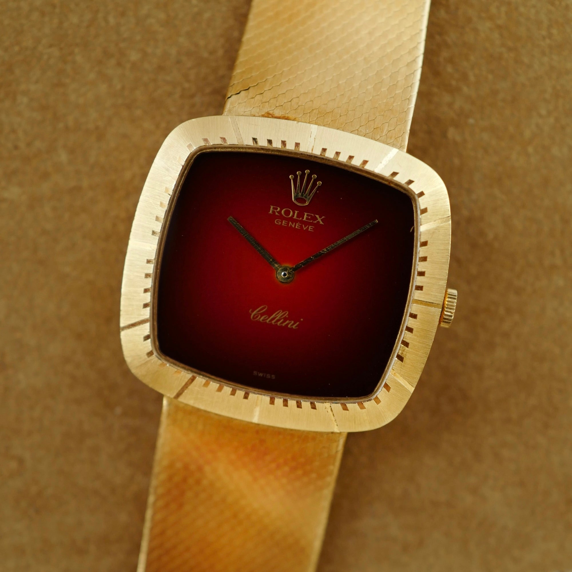 Rolex - Rolex Yellow Gold Cellini Bracelet Watch Ref. 4320 with Red Vignette Dial - The Keystone Watches