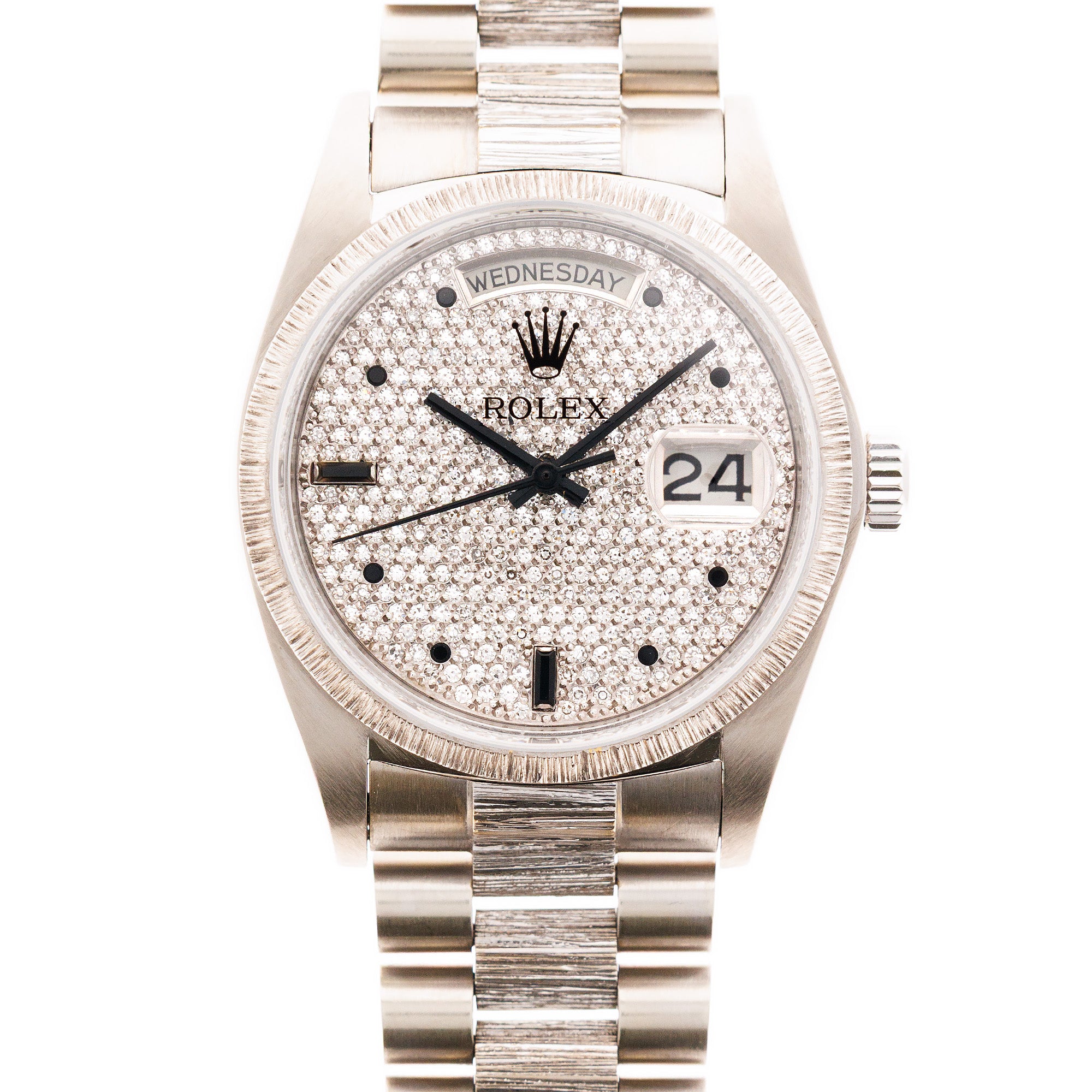 Rolex - Rolex White Gold Day-Date Bark Pave Diamond Watch Ref. 18079 - The Keystone Watches