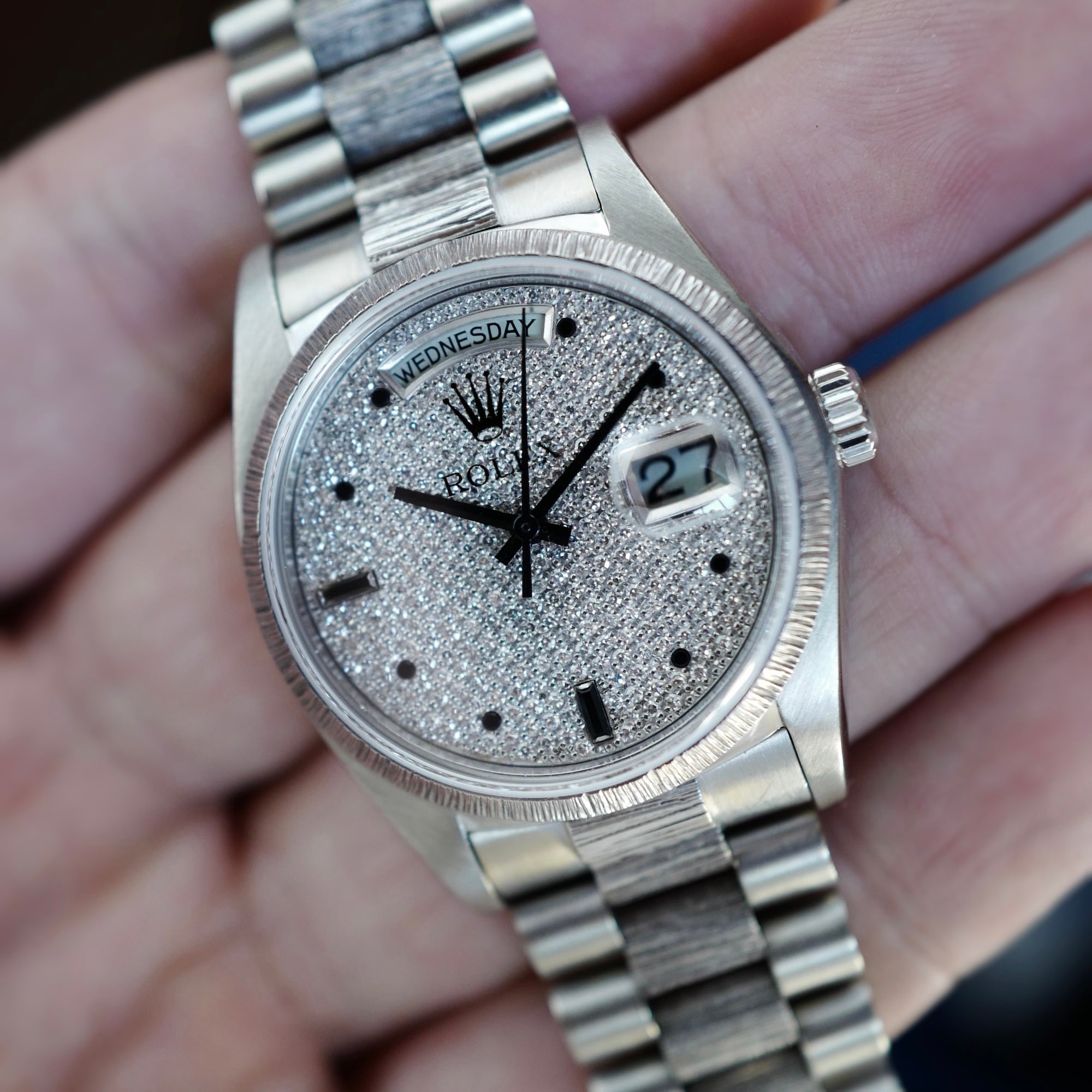 Rolex - Rolex White Gold Day-Date Bark Pave Diamond Watch Ref. 18079 - The Keystone Watches