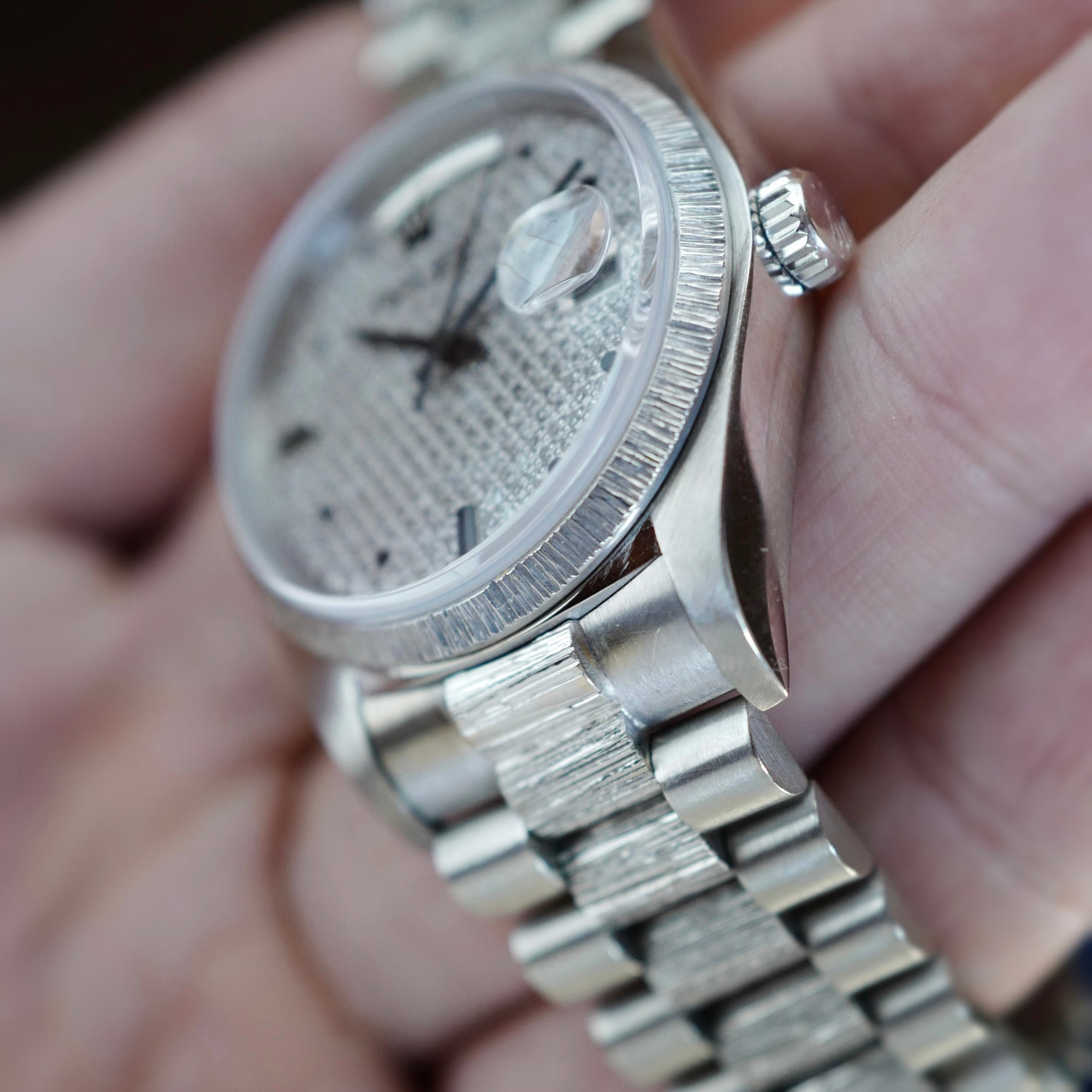 Rolex - Rolex White Gold Day-Date Bark Pave Diamond Watch Ref. 18079 - The Keystone Watches