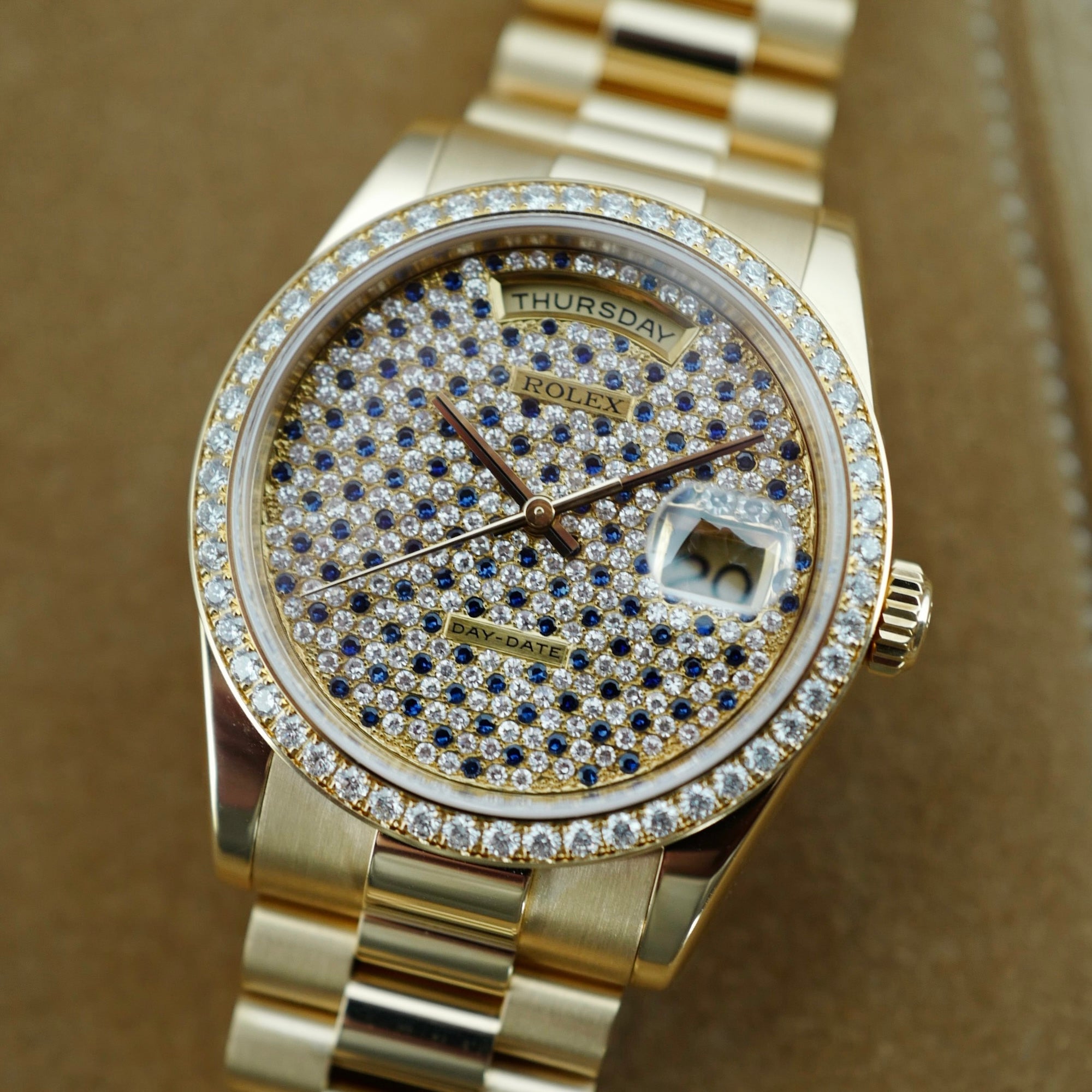 Rolex - Rolex Yellow Gold Day-Date Rare Diamond & Sapphire Dial Watch Ref. 118348 (New Arrival) - The Keystone Watches