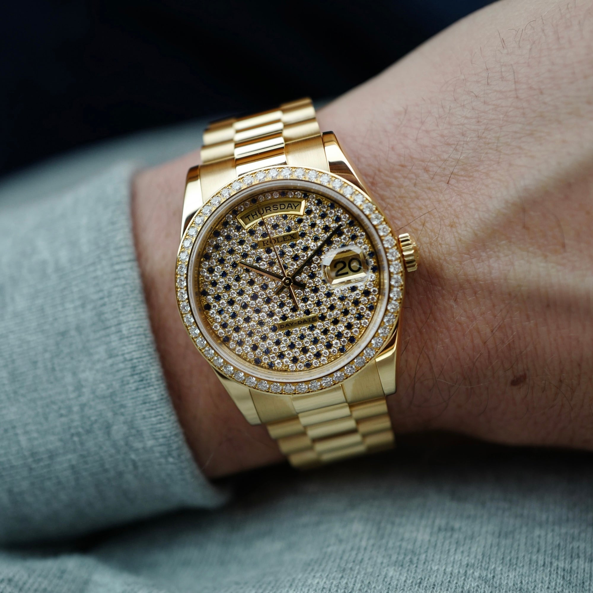 Rolex - Rolex Yellow Gold Day-Date Rare Diamond & Sapphire Dial Watch Ref. 118348 (New Arrival) - The Keystone Watches