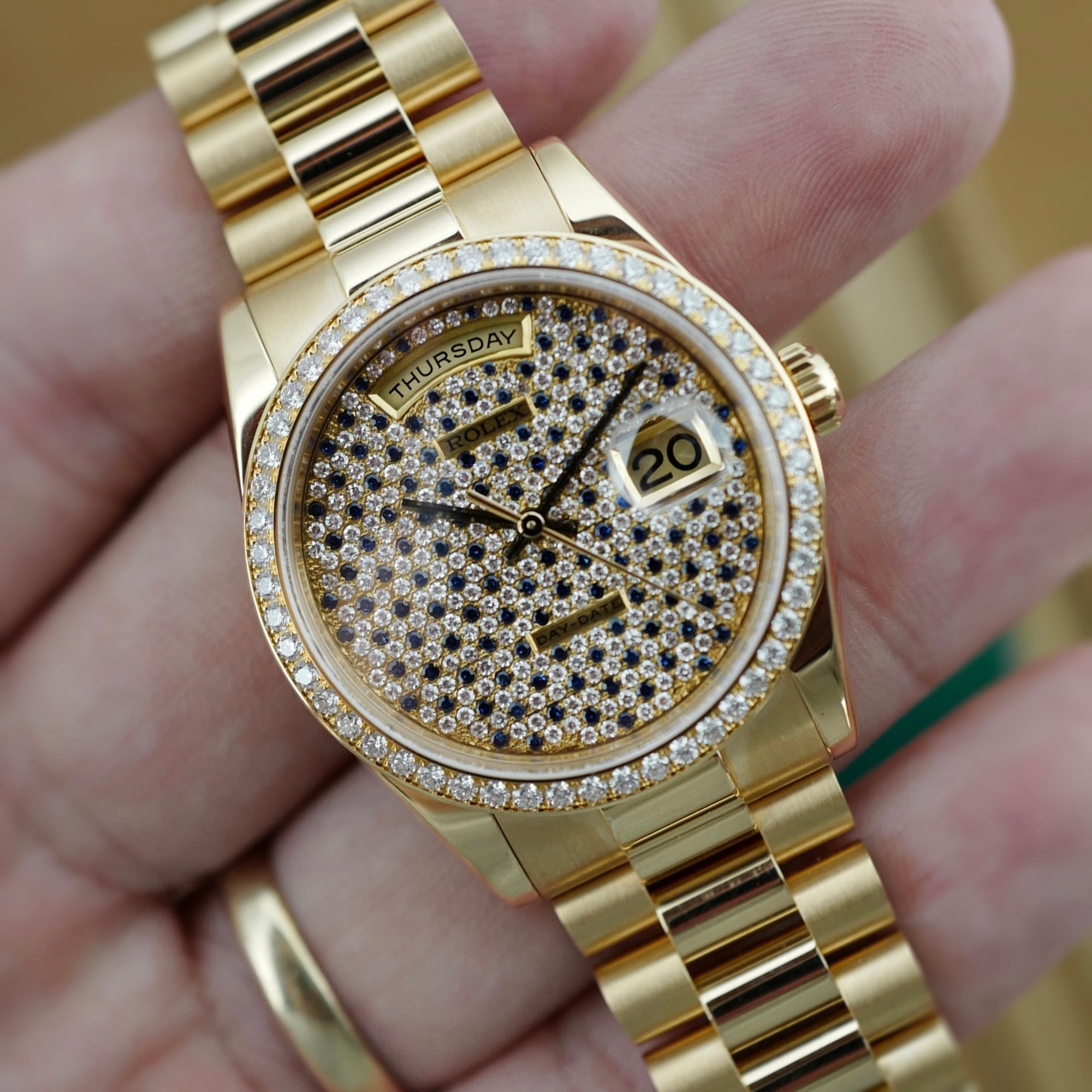 Rolex - Rolex Yellow Gold Day-Date Rare Diamond & Sapphire Dial Watch Ref. 118348 (New Arrival) - The Keystone Watches