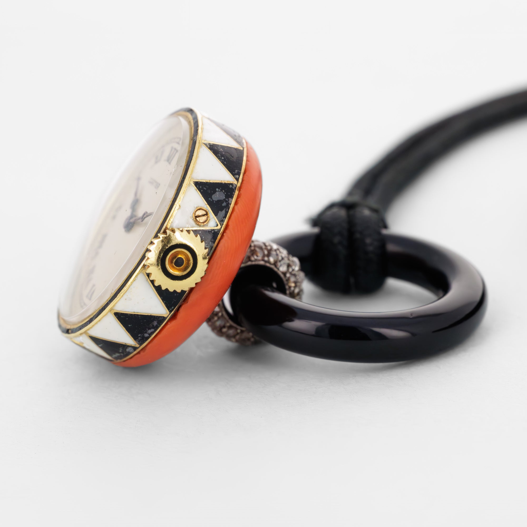 Cartier Art Deco Coral, Onyx &amp; Diamond Pendant Watch, 1920s (RESERVED)