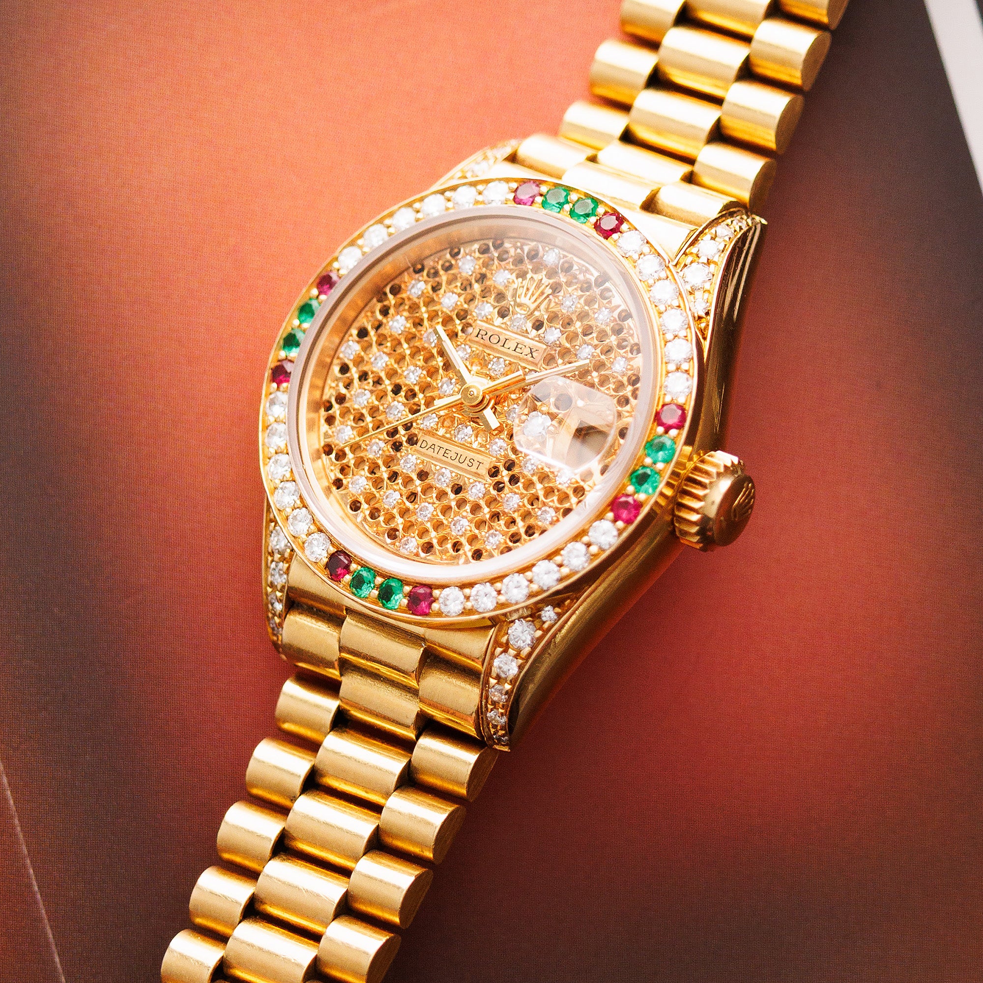 Rolex Yellow Gold Datejust Watch Ref. 69038 with Factory Ruby, Sapphires and Diamonds