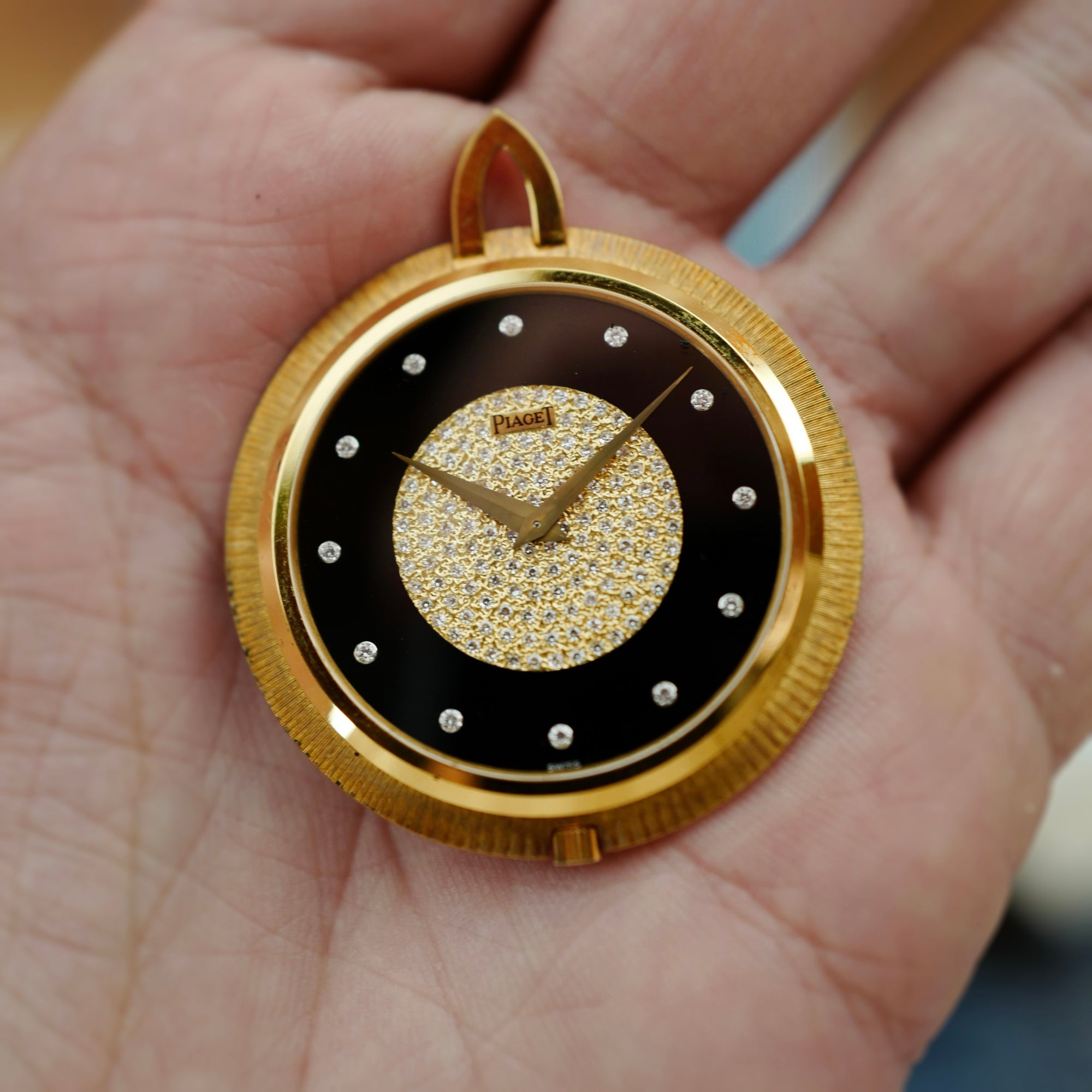 Piaget Yellow Gold Onyx and Diamond Pocket/Pendant Watch (New Arrival)