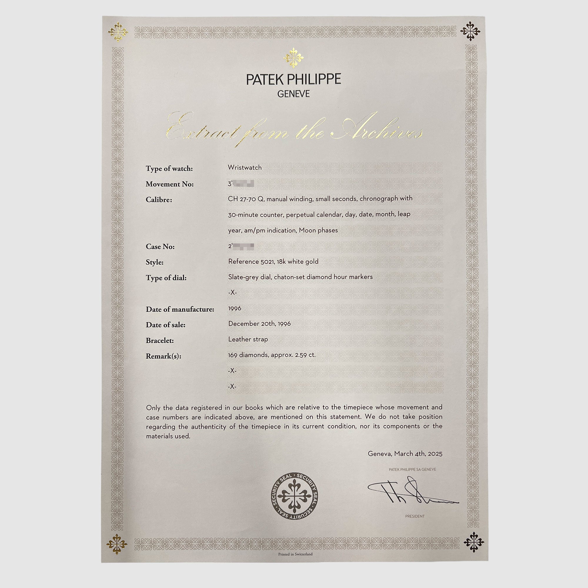 Patek Philippe White Gold Perpetual Calendar Chronograph Diamond Watch Ref. 5021