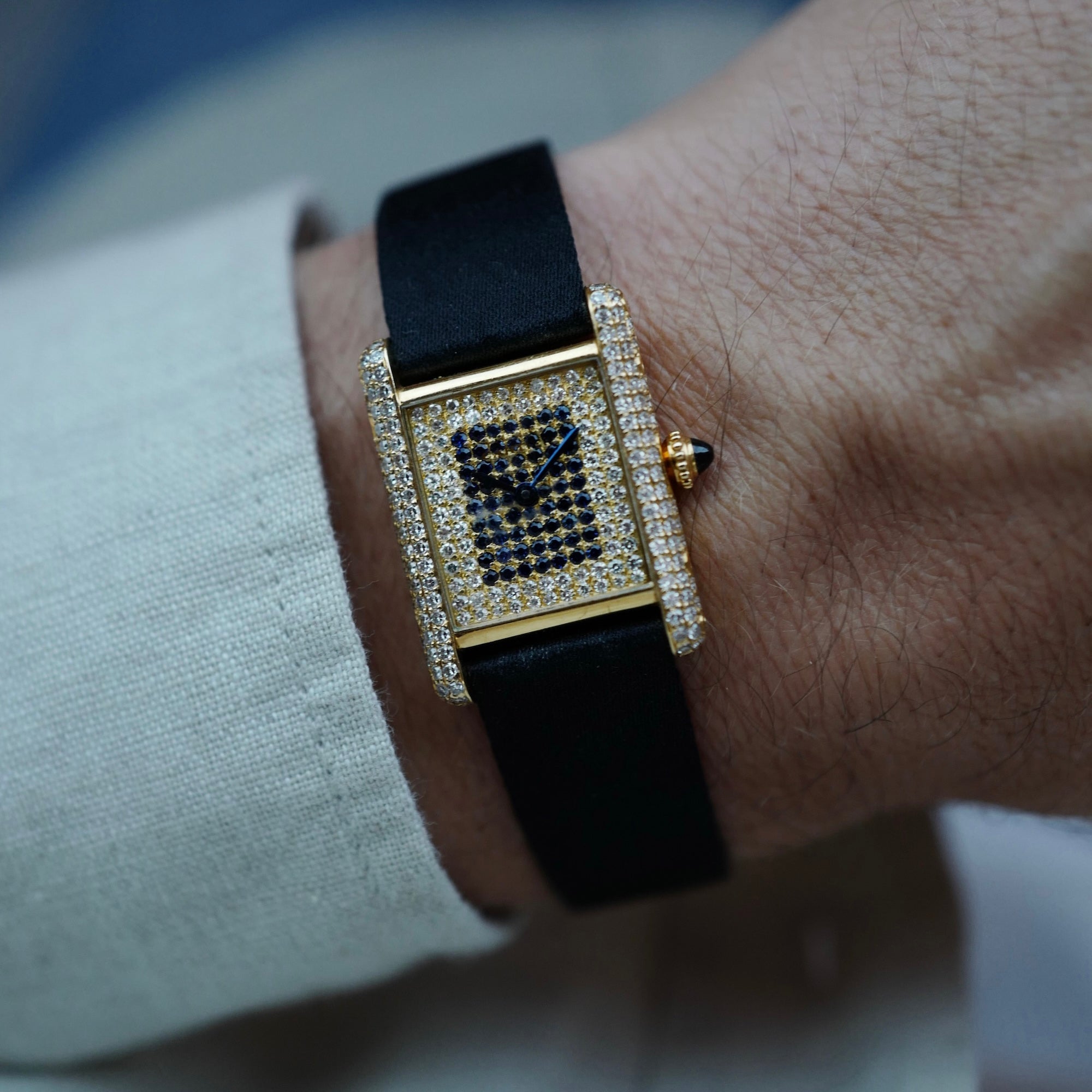 Cartier Yellow Gold Tank Louis Watch Ref. 78227 with Diamonds & Sapphires (New Arrival)