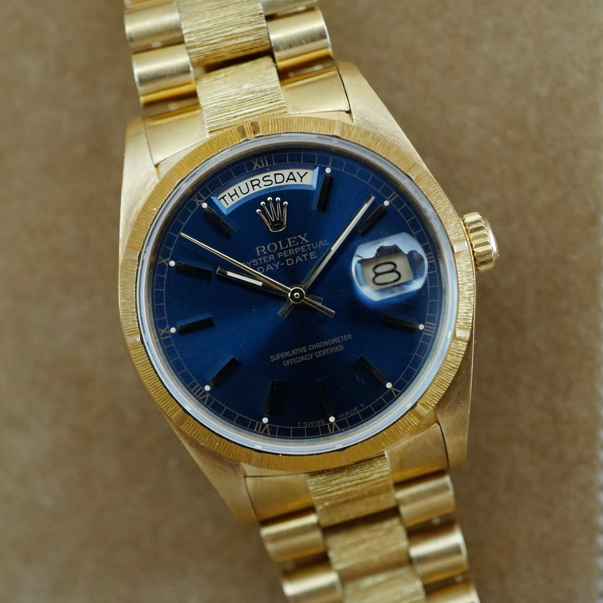Rolex Yellow Gold Day-Date Watch Ref. 18078 with Bark Finish and Deep Blue Dial (New Arrival)