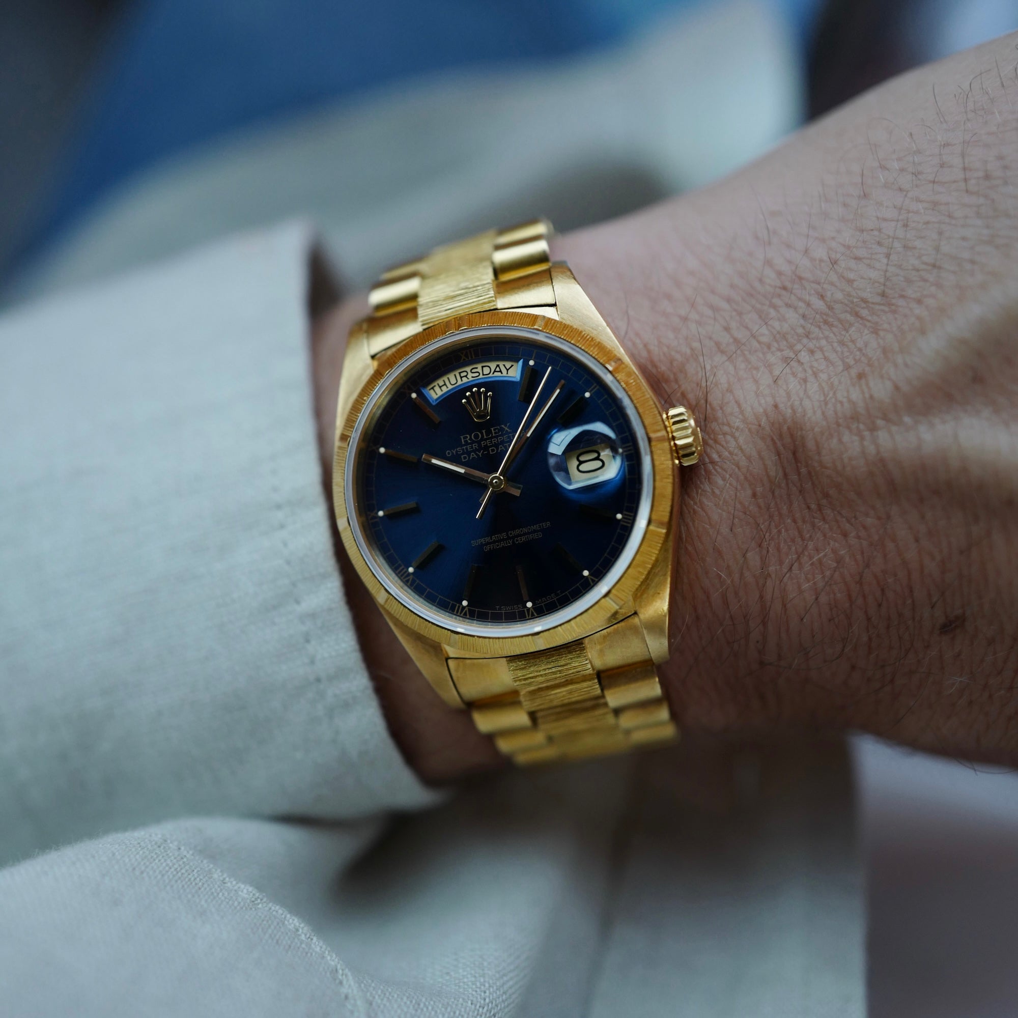 Rolex Yellow Gold Day-Date Watch Ref. 18078 with Bark Finish and Deep Blue Dial (New Arrival)