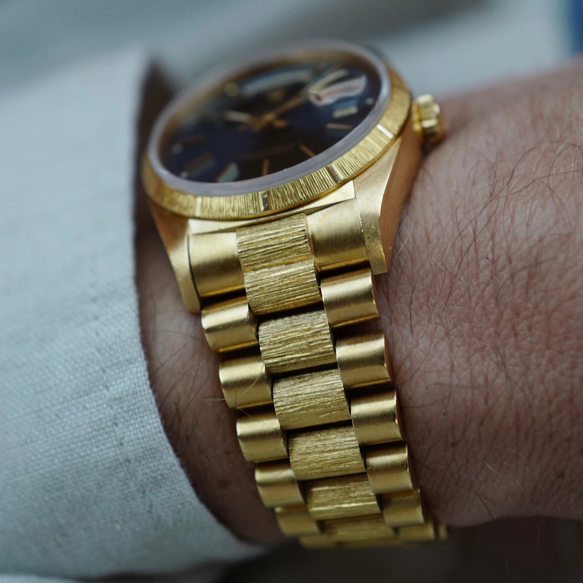 Rolex Yellow Gold Day-Date Watch Ref. 18078 with Bark Finish and Deep Blue Dial (New Arrival)