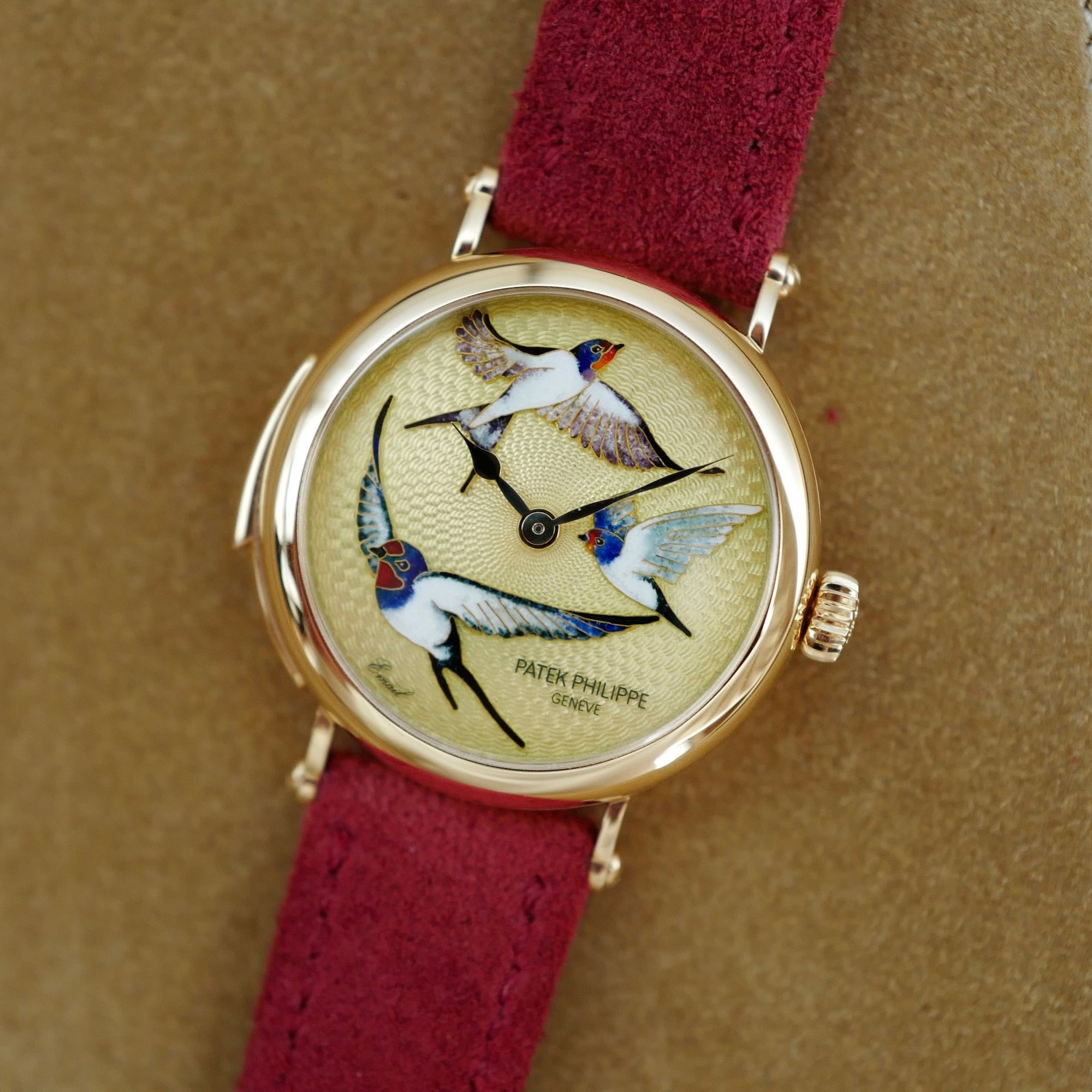 Patek Philippe Rose Gold Rare Handcraft Minute Repeater Watch Ref. 7000 with Cloisonne Swallows