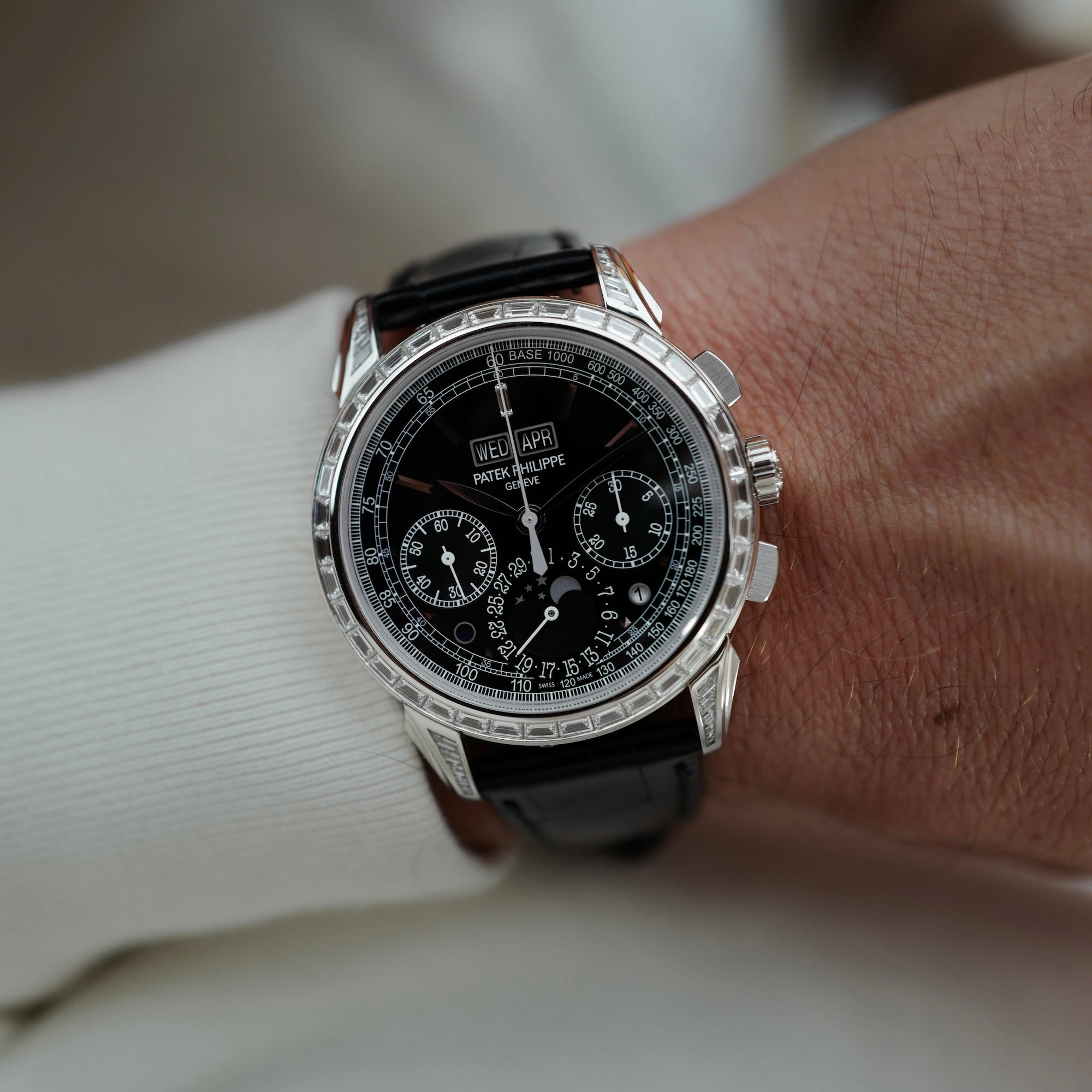 Patek Philippe Platinum Perpetual Calendar Chronograph Watch Ref. 5271 with Baguette Diamonds