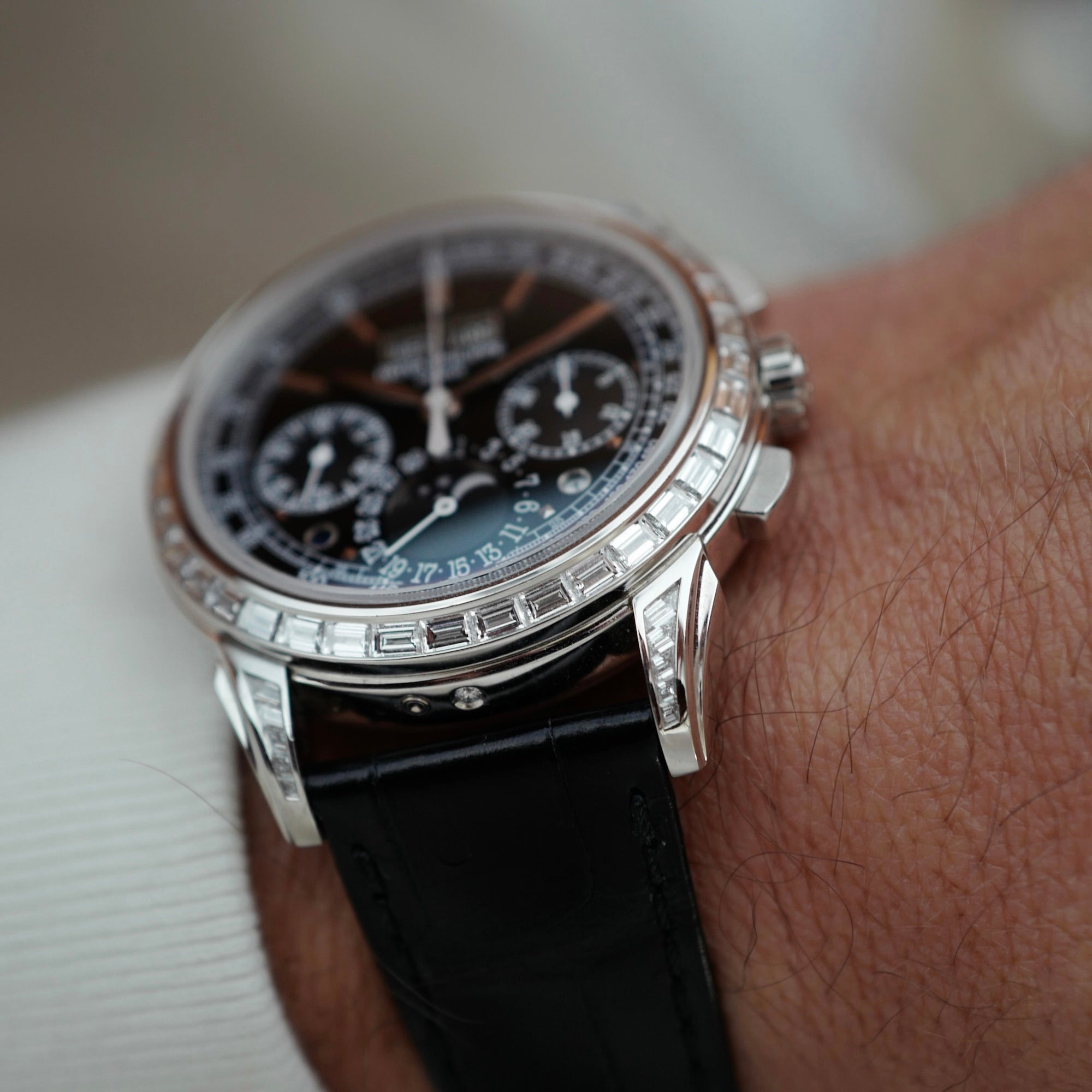 Patek Philippe Platinum Perpetual Calendar Chronograph Watch Ref. 5271 with Baguette Diamonds