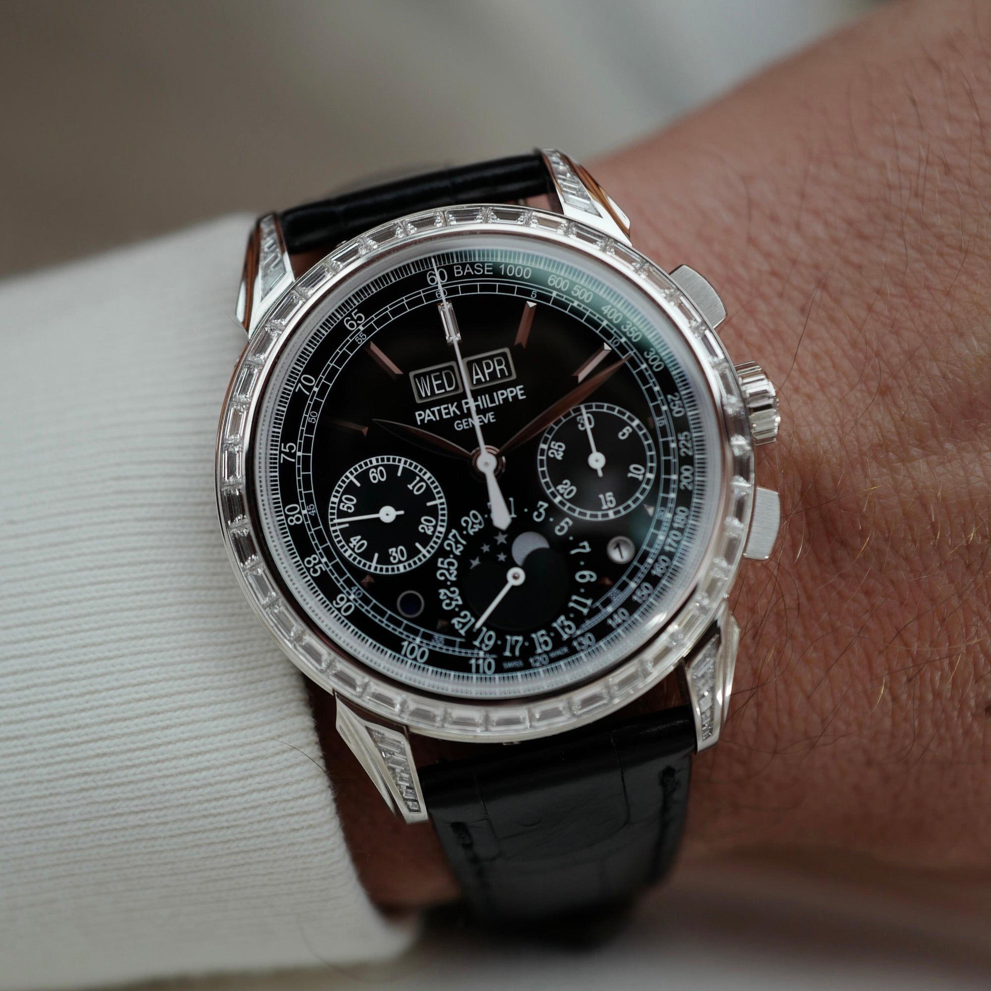 Patek Philippe Platinum Perpetual Calendar Chronograph Watch Ref. 5271 with Baguette Diamonds