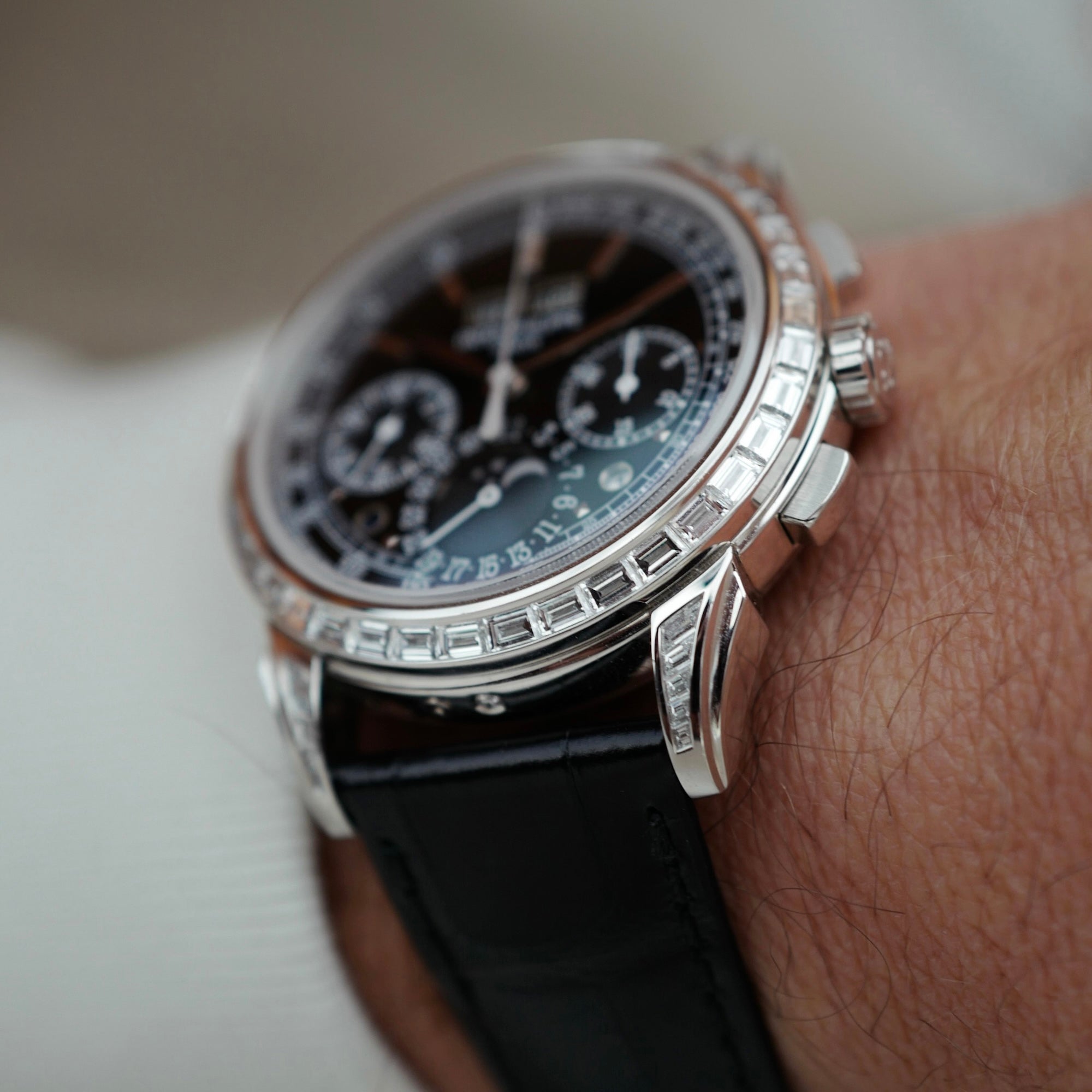 Patek Philippe Platinum Perpetual Calendar Chronograph Watch Ref. 5271 with Baguette Diamonds