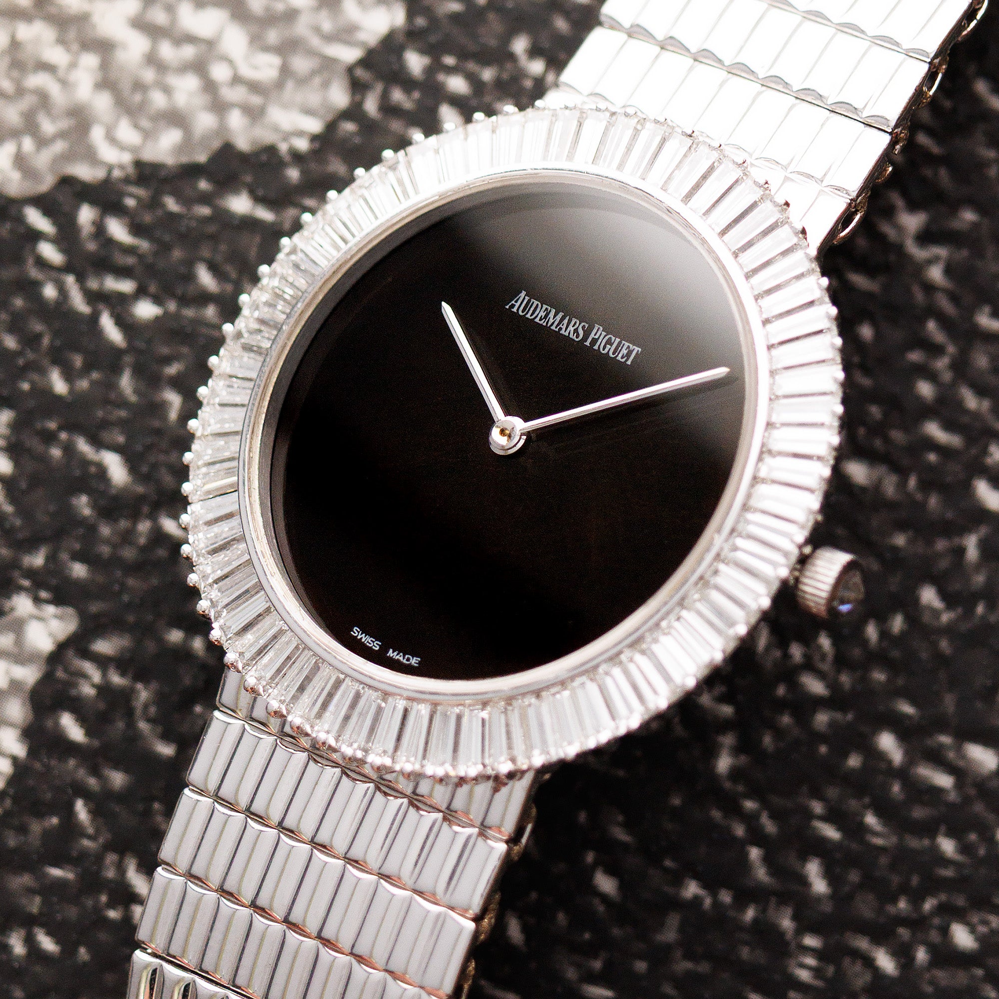 Audemars Piguet White Gold Watch with Baguette Diamonds and Onyx Dial