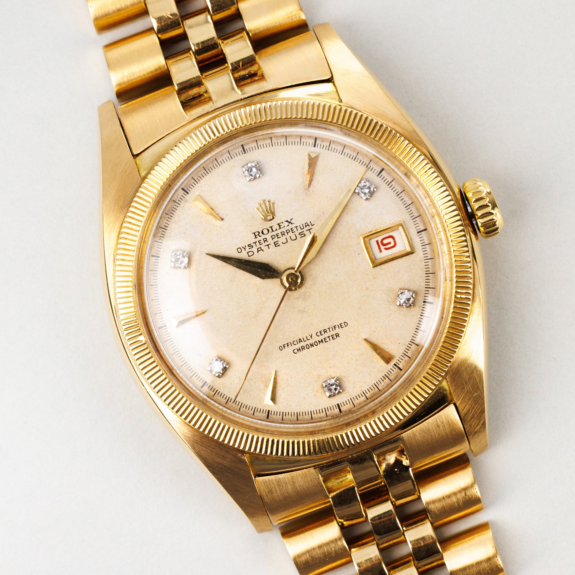 Rolex Yellow Gold Ovettone Datejust Ref. 6305 with Unusual Diamond Markers with Original Papers