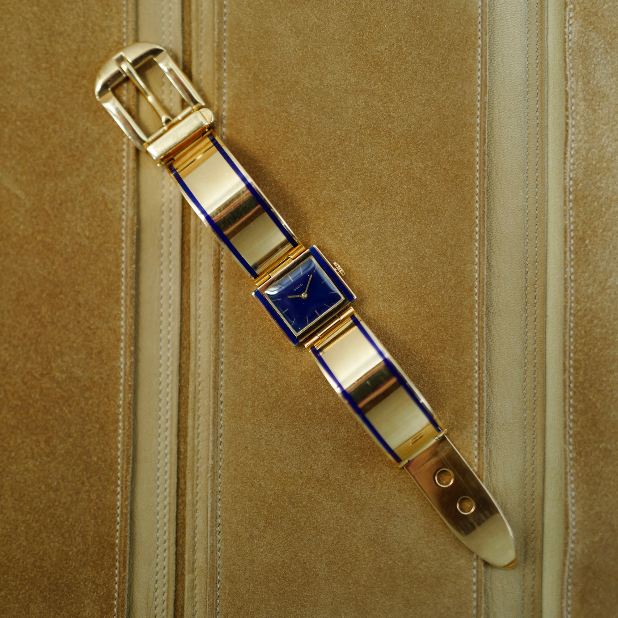 Gucci Yellow Gold Blue Enamel Bracelet Watch with Buckle Clasp (Hidden)