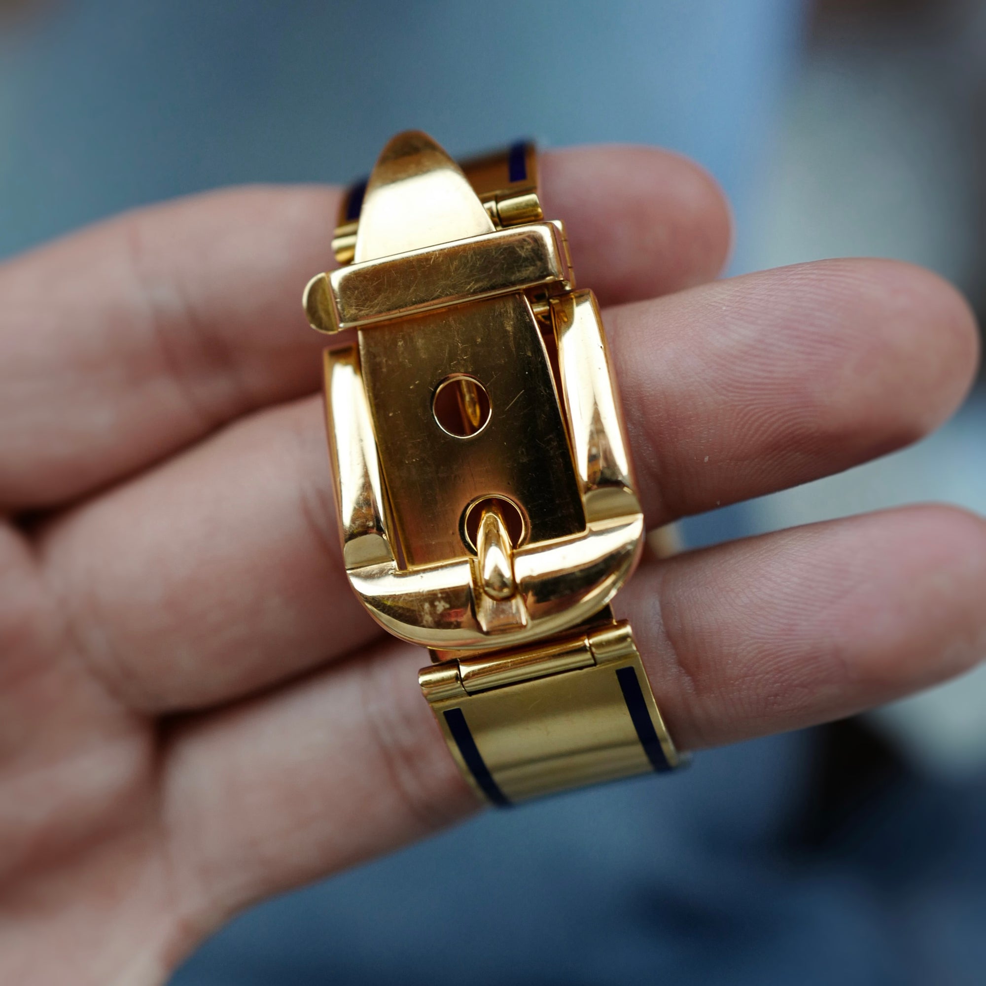Gucci Yellow Gold Blue Enamel Bracelet Watch with Buckle Clasp (Hidden)