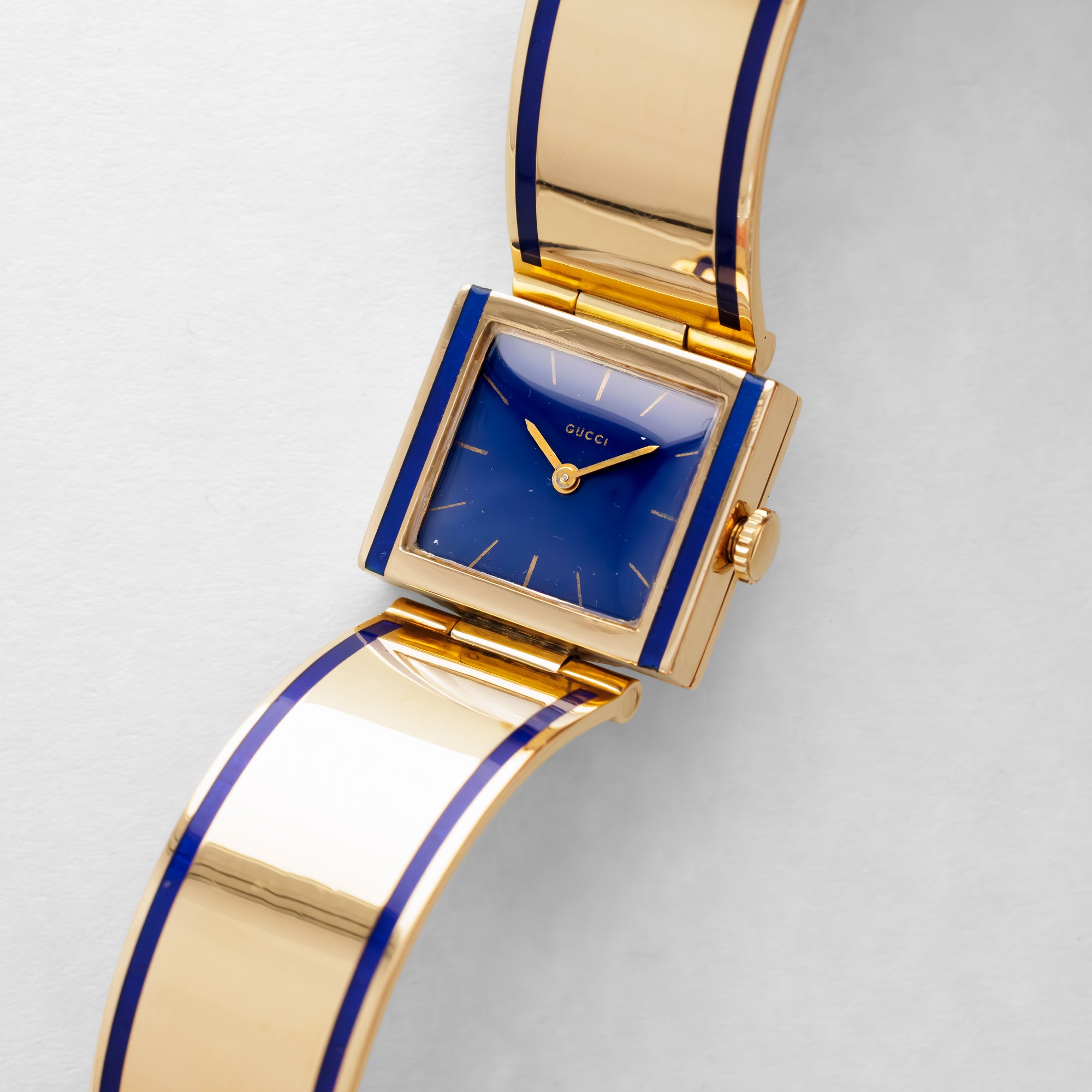 Gucci Yellow Gold Blue Enamel Bracelet Watch with Buckle Clasp (Hidden)