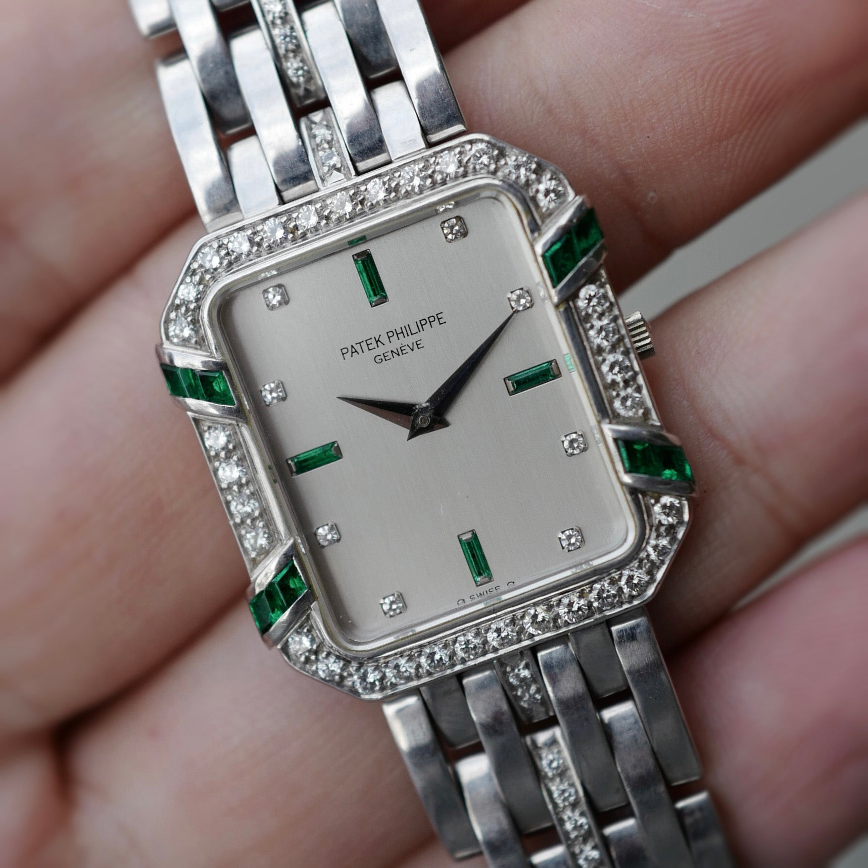 Patek Philippe White Gold Emerald Diamond Watch Ref. 3833 (New Arrival)