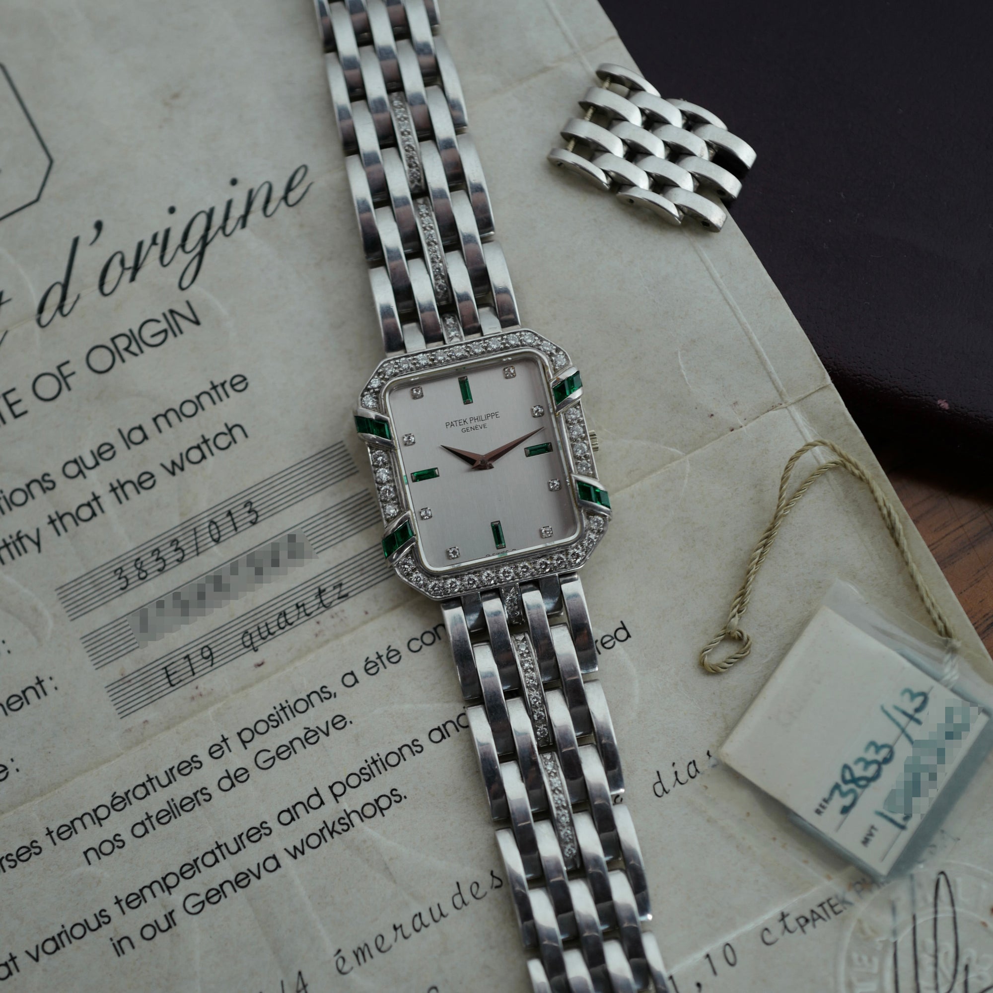 Patek Philippe White Gold Emerald Diamond Watch Ref. 3833 (New Arrival)