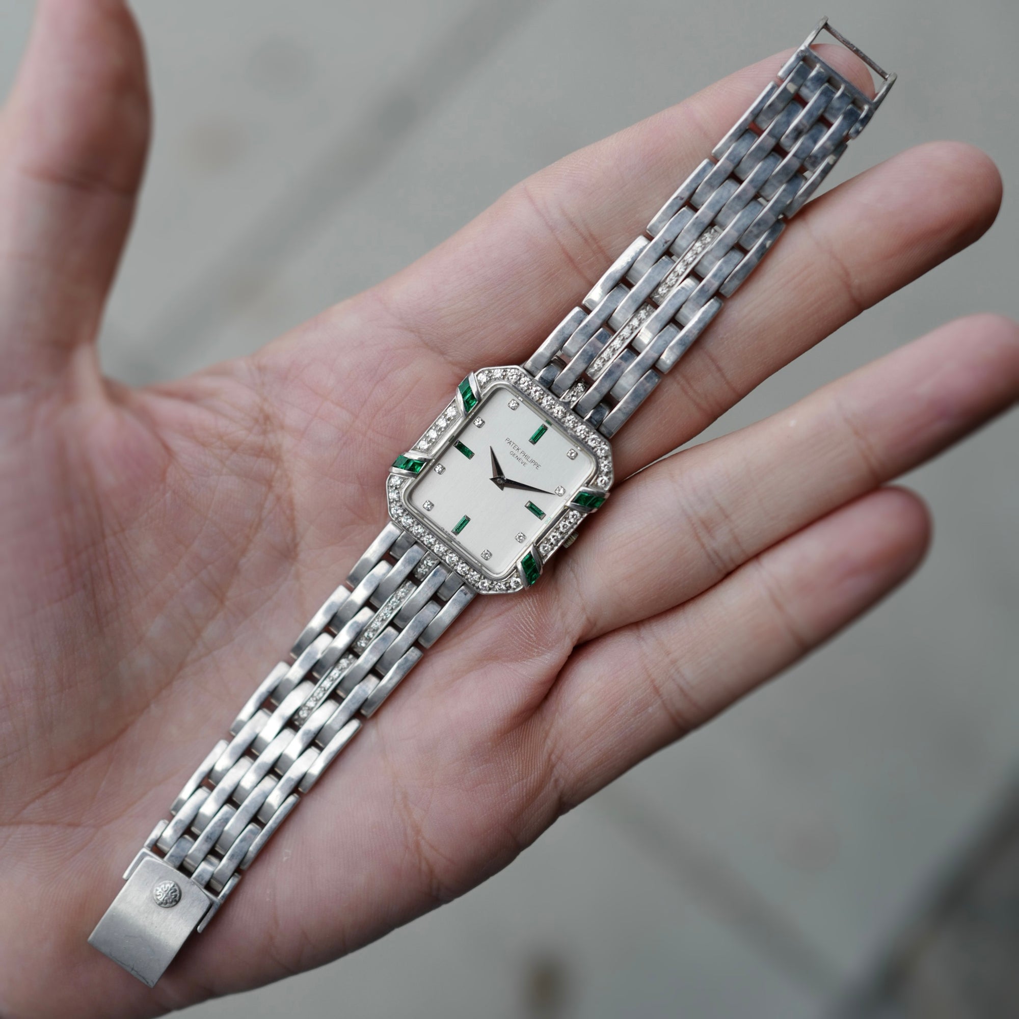 Patek Philippe White Gold Emerald Diamond Watch Ref. 3833 (New Arrival)