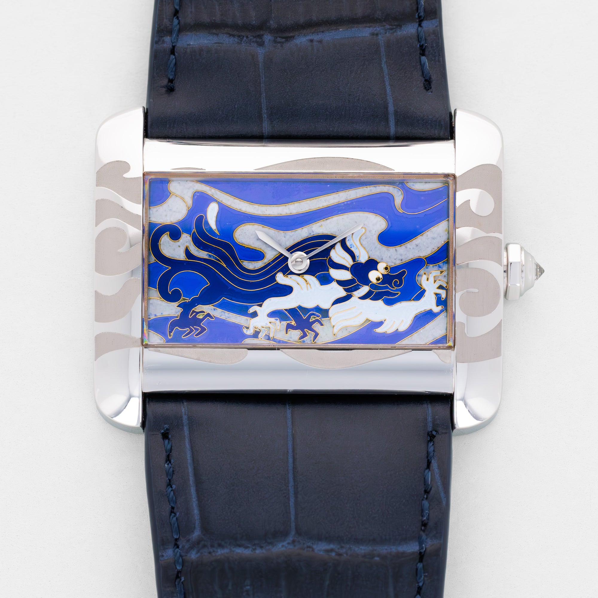 Cartier White Gold Tank Divan Ref. 2614 Enamel Dragon