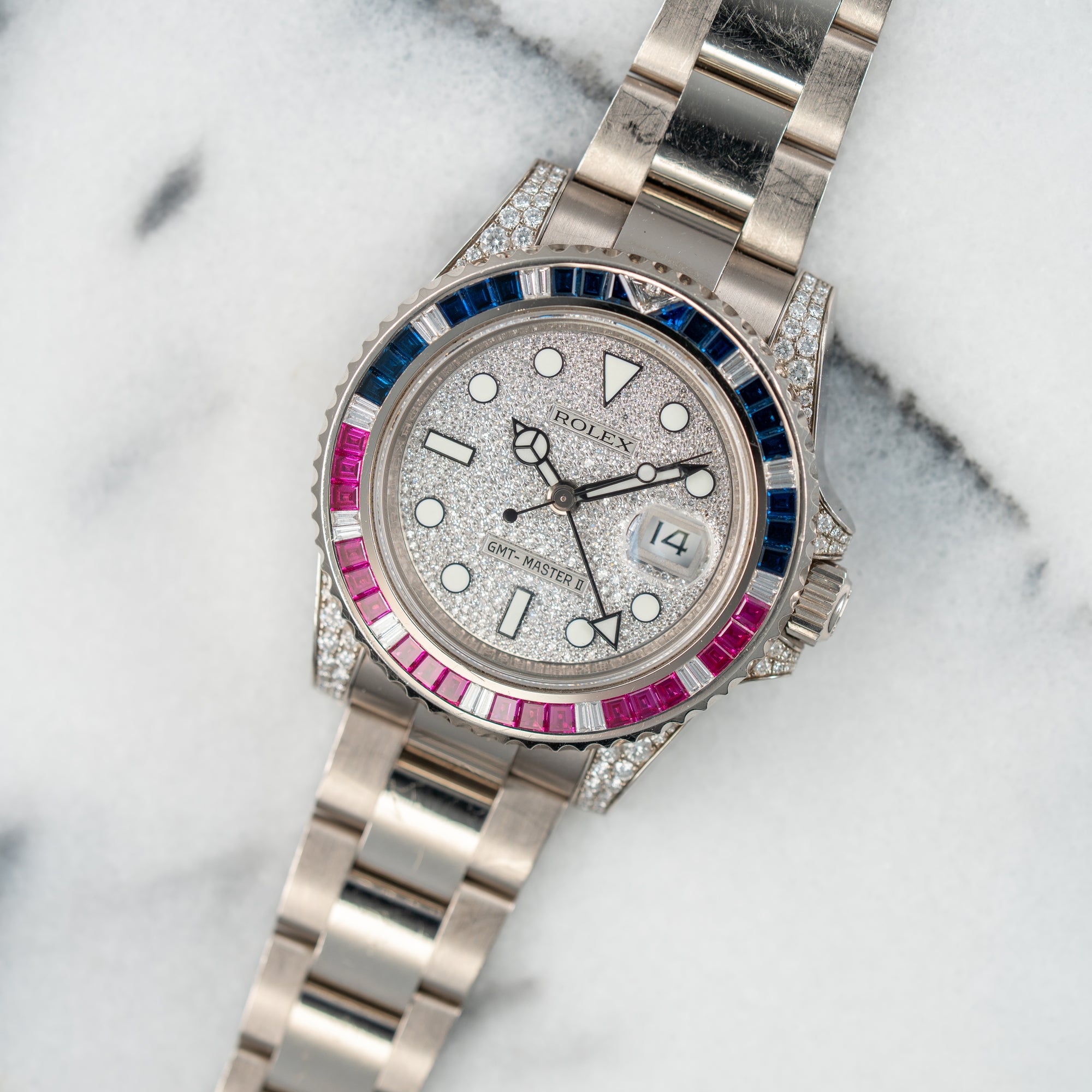 Rolex White Gold GMT Master II Ref. 116759SARU Sapphire and Ruby Bezel with Pave Diamond Dial and Card (New Arrival)