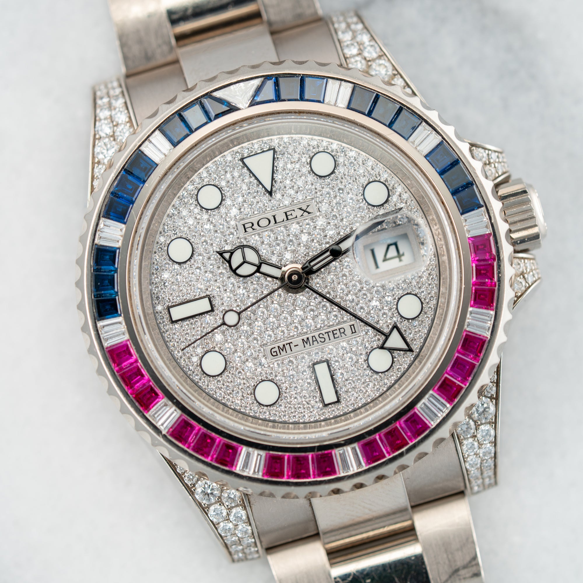 Rolex White Gold GMT Master II Ref. 116759SARU Sapphire and Ruby Bezel with Pave Diamond Dial and Card (New Arrival)