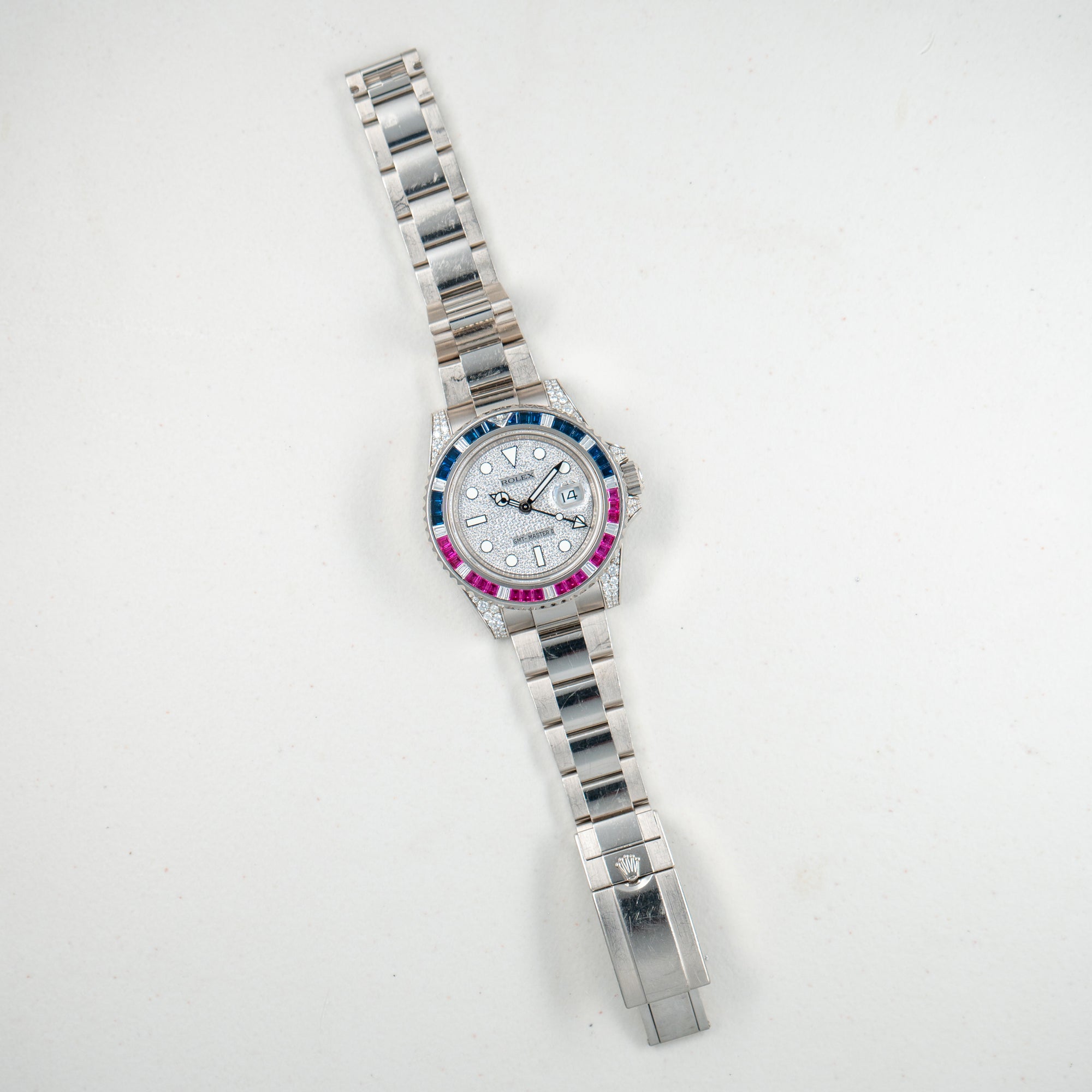 Rolex White Gold GMT Master II Ref. 116759SARU Sapphire and Ruby Bezel with Pave Diamond Dial and Card (New Arrival)