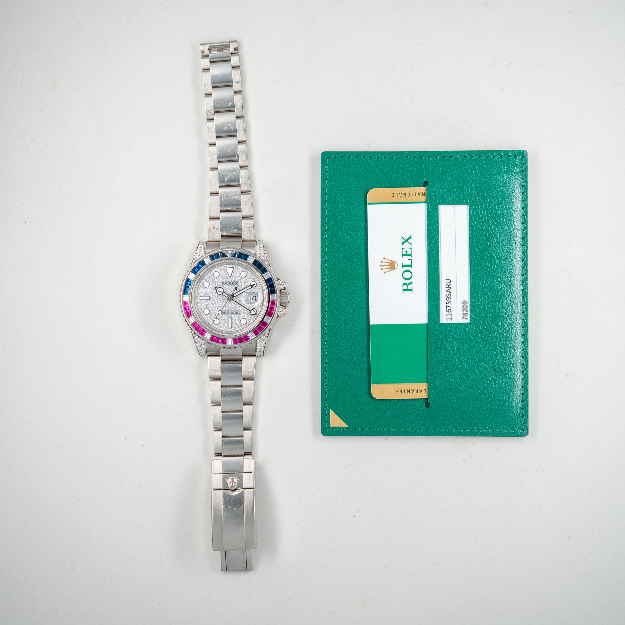 Rolex White Gold GMT Master II Ref. 116759SARU Sapphire and Ruby Bezel with Pave Diamond Dial and Card (New Arrival)