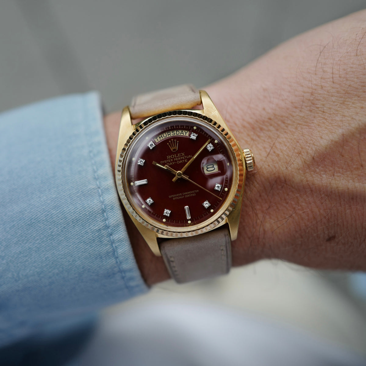 Rolex - Rolex Yellow Gold Day-Date Ref. 1803 with Oxblood Stella and Diamond Dial - The Keystone Watches