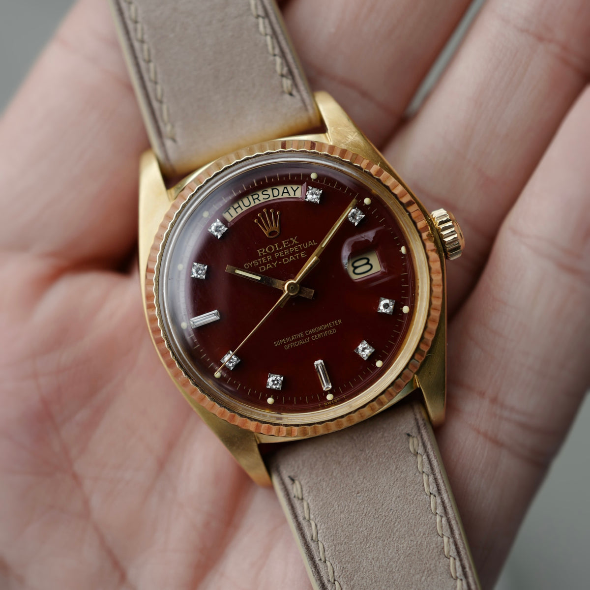 Rolex - Rolex Yellow Gold Day-Date Ref. 1803 with Oxblood Stella and Diamond Dial - The Keystone Watches