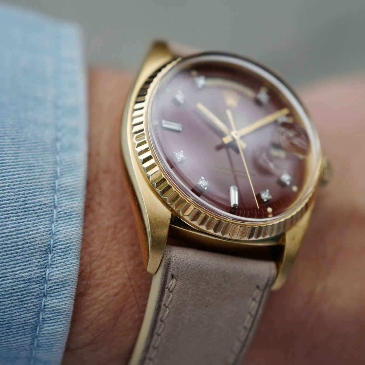 Rolex - Rolex Yellow Gold Day-Date Ref. 1803 with Oxblood Stella and Diamond Dial - The Keystone Watches