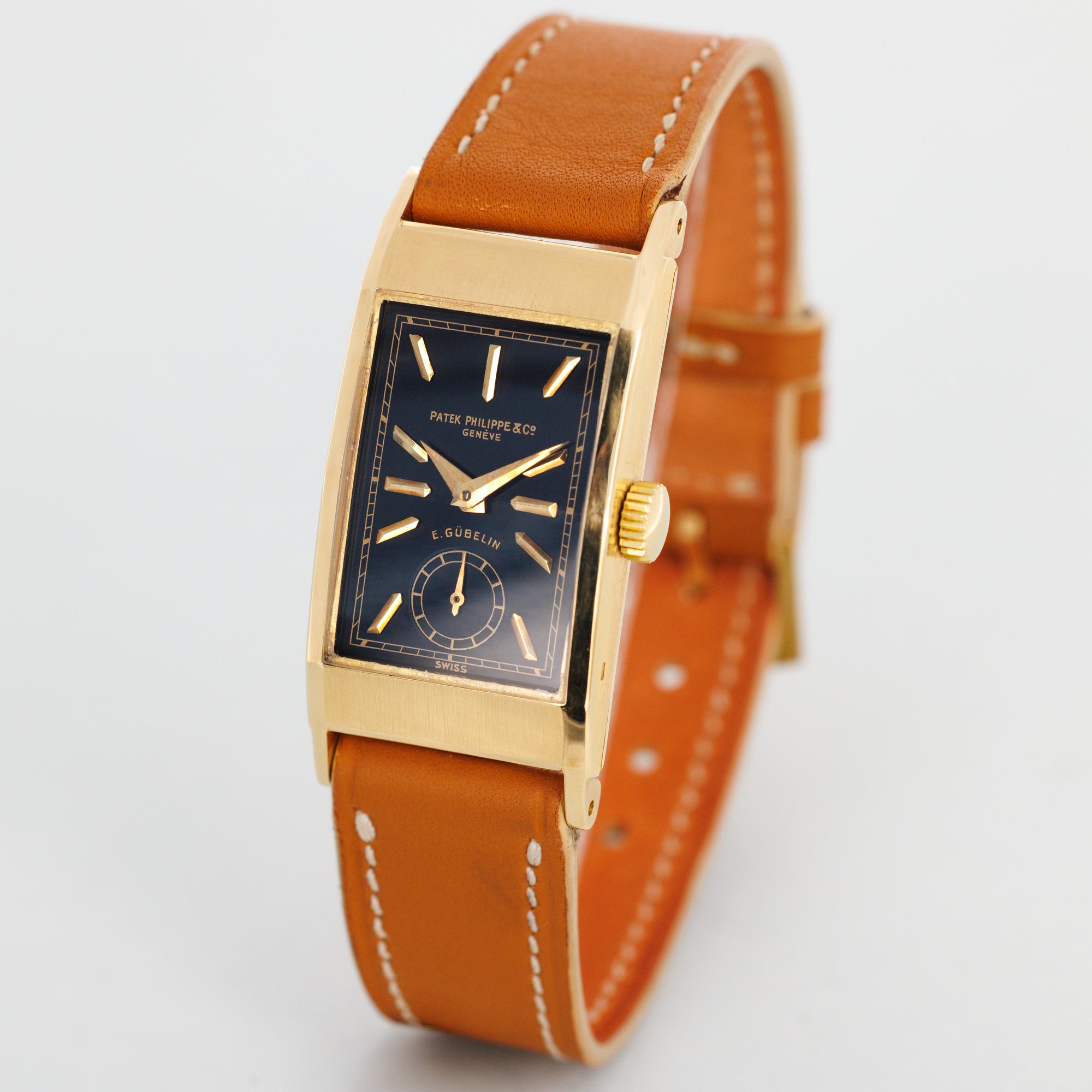 Patek Philippe Yellow Gold Tegolino Watch Ref. 425 with Black Dial Retailed by Gubelin