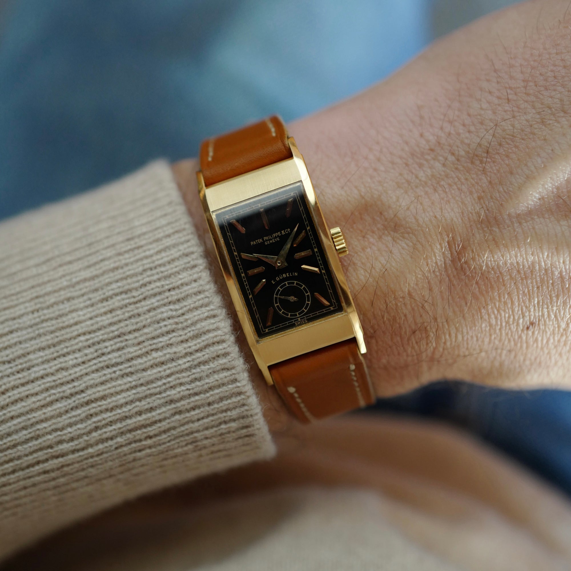 Patek Philippe Yellow Gold Tegolino Watch Ref. 425 with Black Dial Retailed by Gubelin