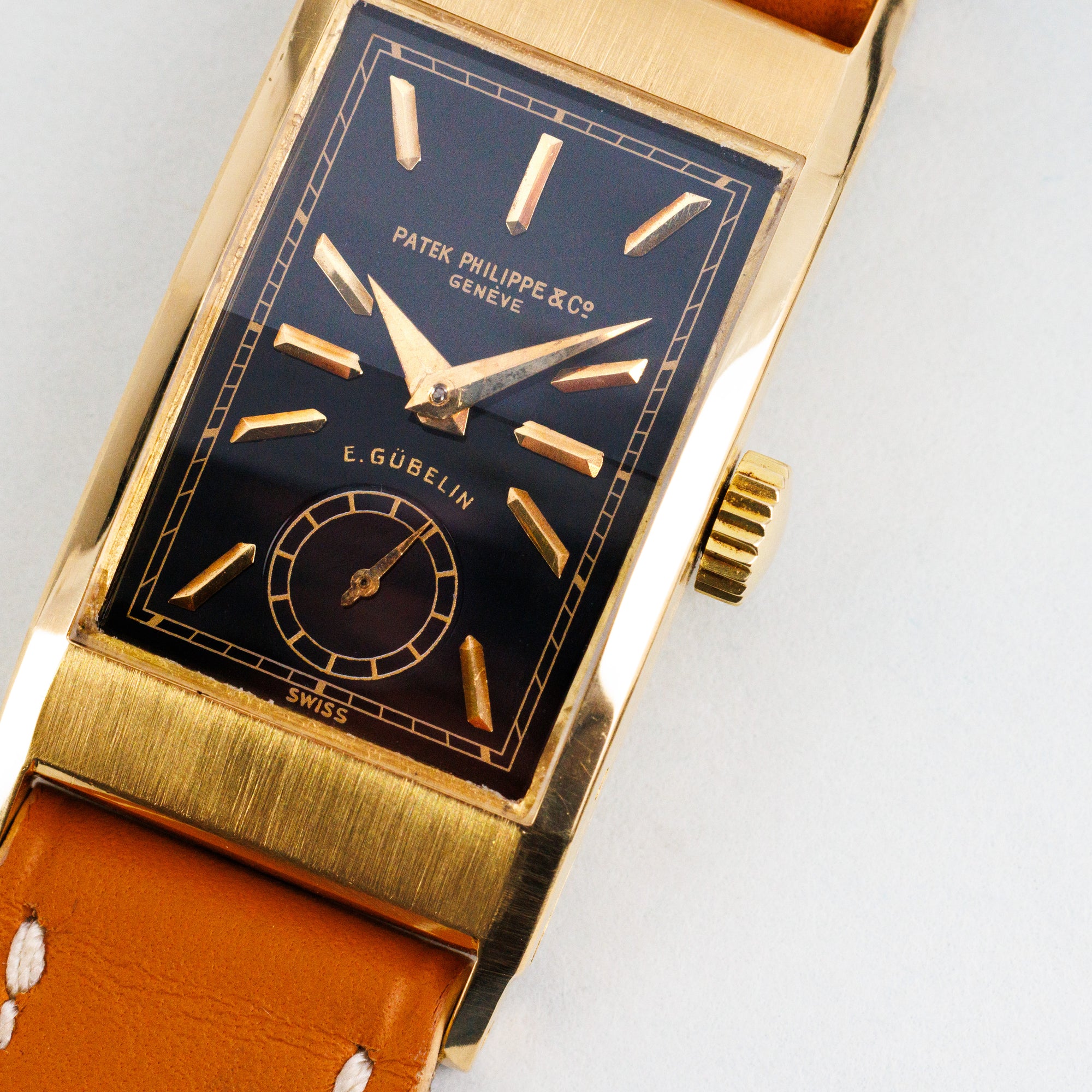 Patek Philippe Yellow Gold Tegolino Watch Ref. 425 with Black Dial Retailed by Gubelin
