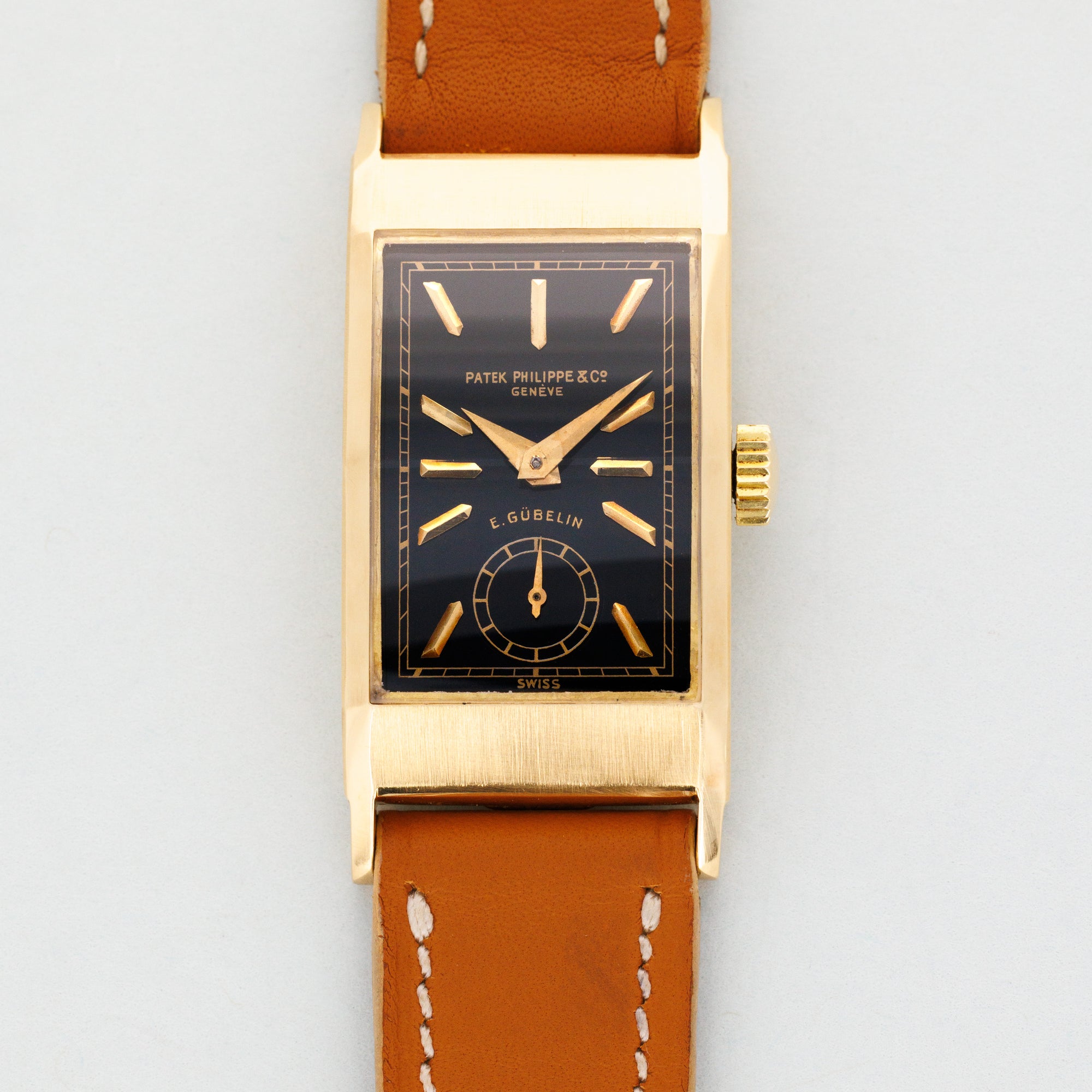 Patek Philippe Yellow Gold Tegolino Watch Ref. 425 with Black Dial Retailed by Gubelin