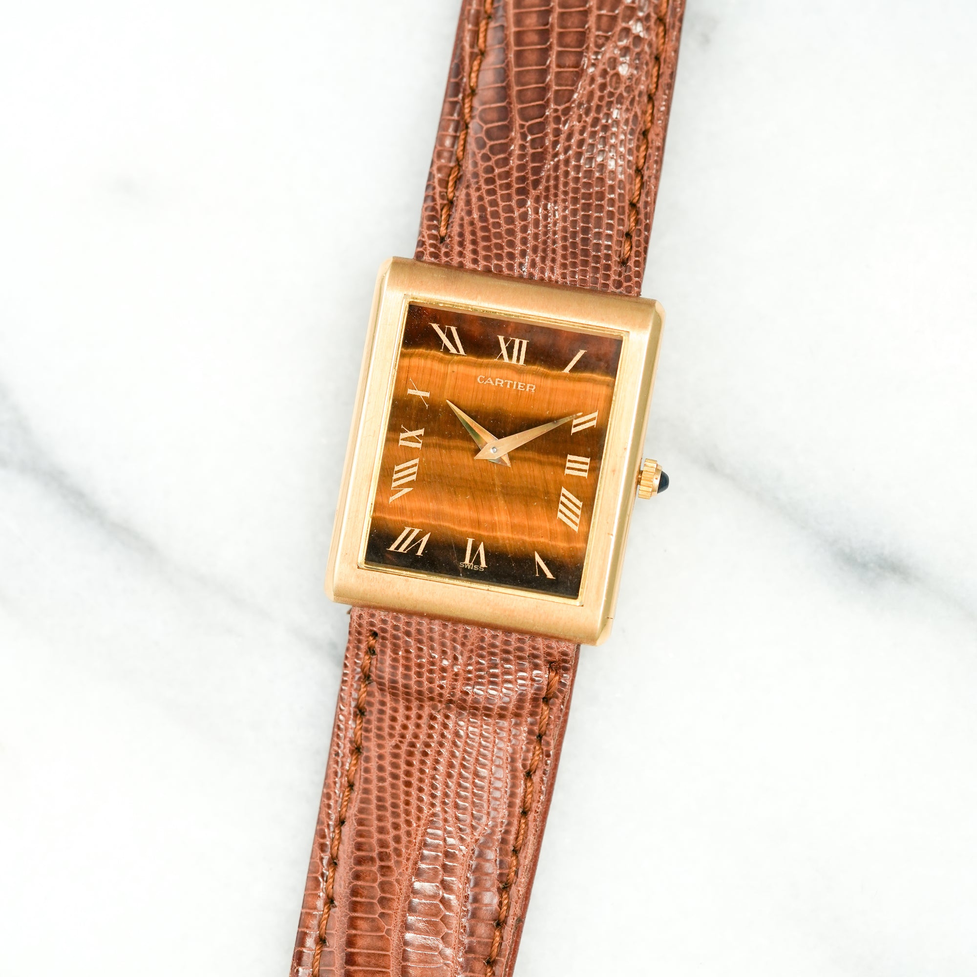 Cartier Yellow Gold Tigers Eye Tank Watch, by Piaget (New Arrival)