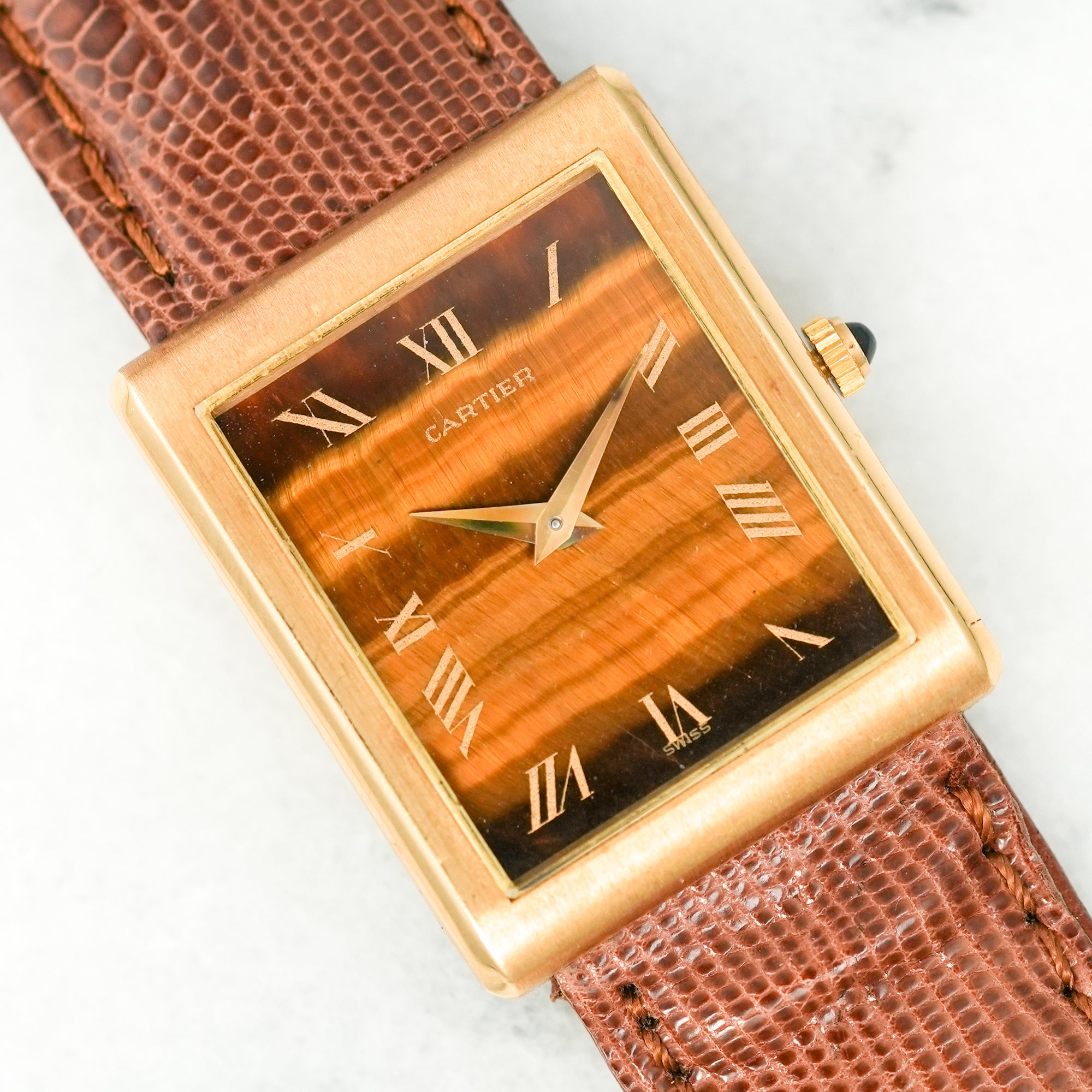 Cartier Yellow Gold Tigers Eye Tank Watch, by Piaget (New Arrival)