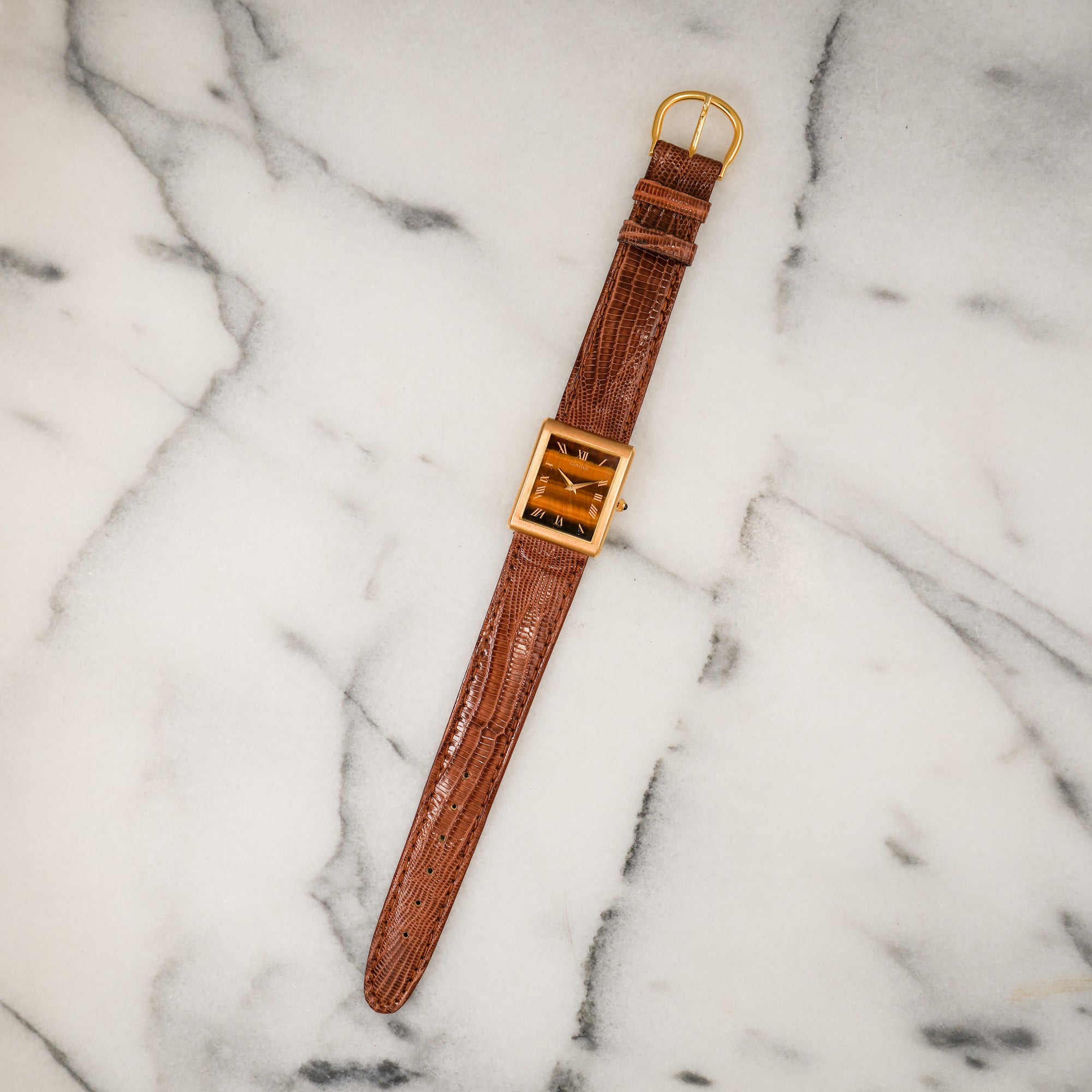 Cartier Yellow Gold Tigers Eye Tank Watch, by Piaget (New Arrival)