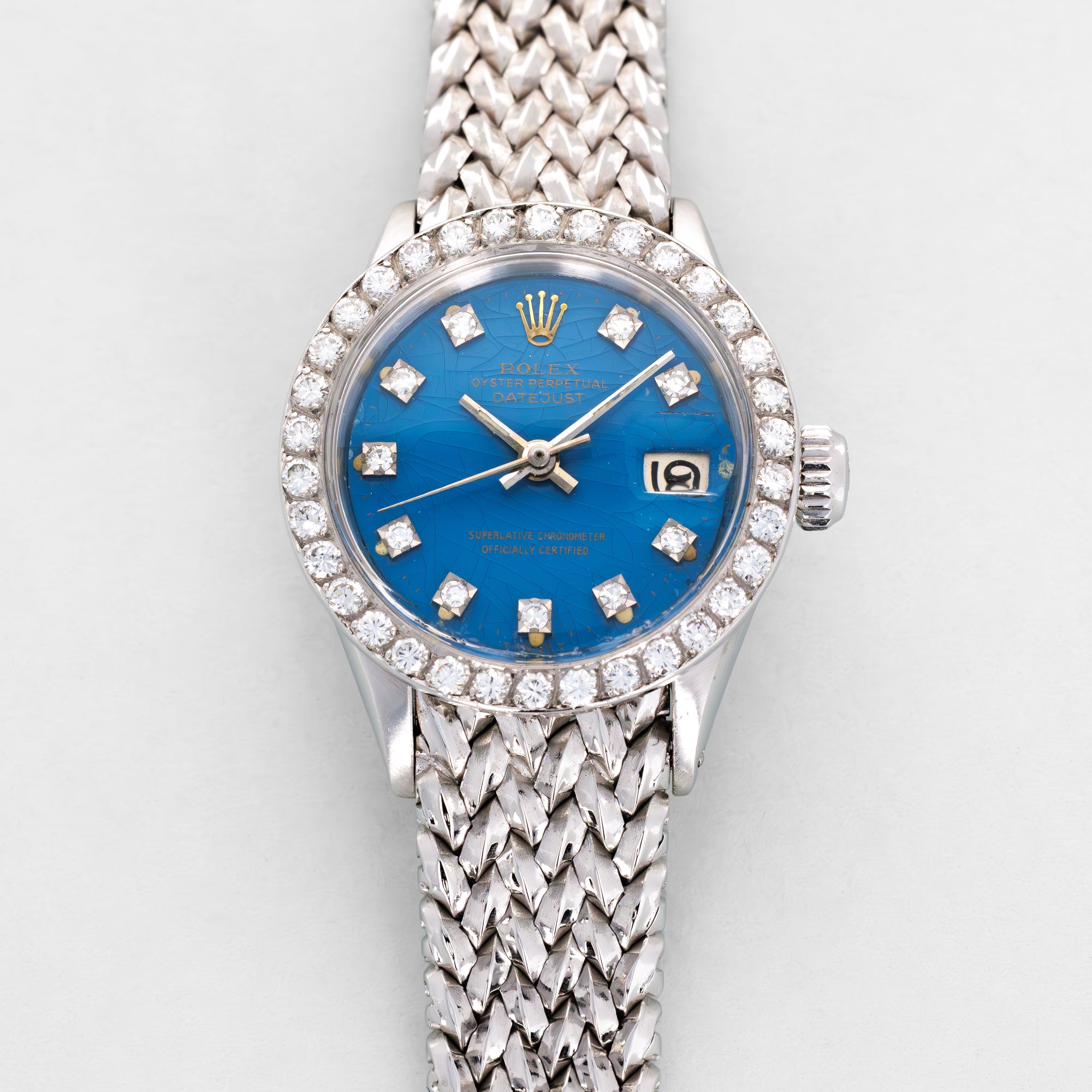 Rolex White Gold Datejust Ref. 6513 with Blue Stella Dial and Rare Woven Bracelet