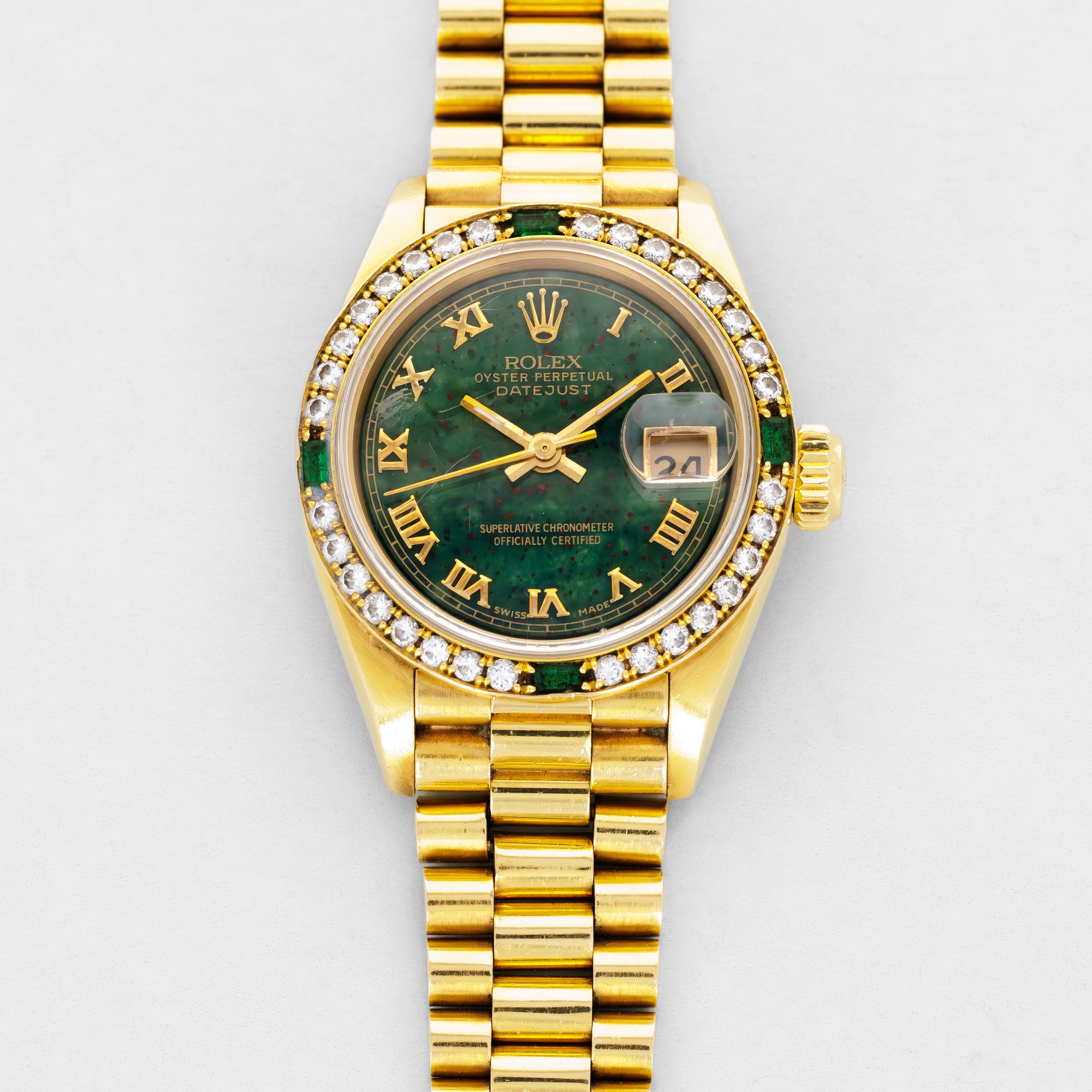 Rolex Yellow Gold Datejust Ref. 69078 Bloodstone, Diamond and Emeralds